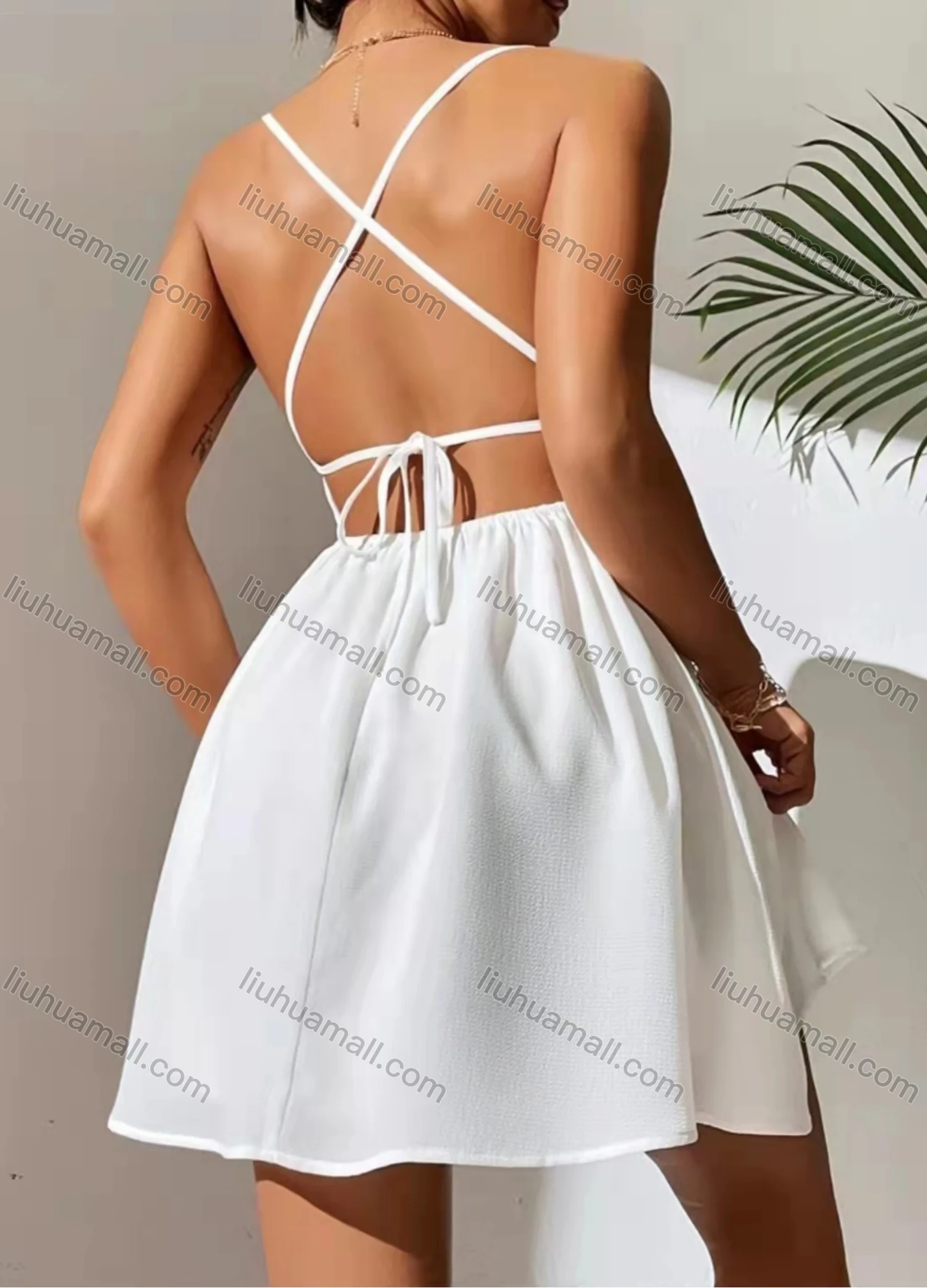 Wholesale Women's Spaghetti Strap Open Back Lace Up Ruffle Hem Plain Cami Dress AY233# - Liuhuamall