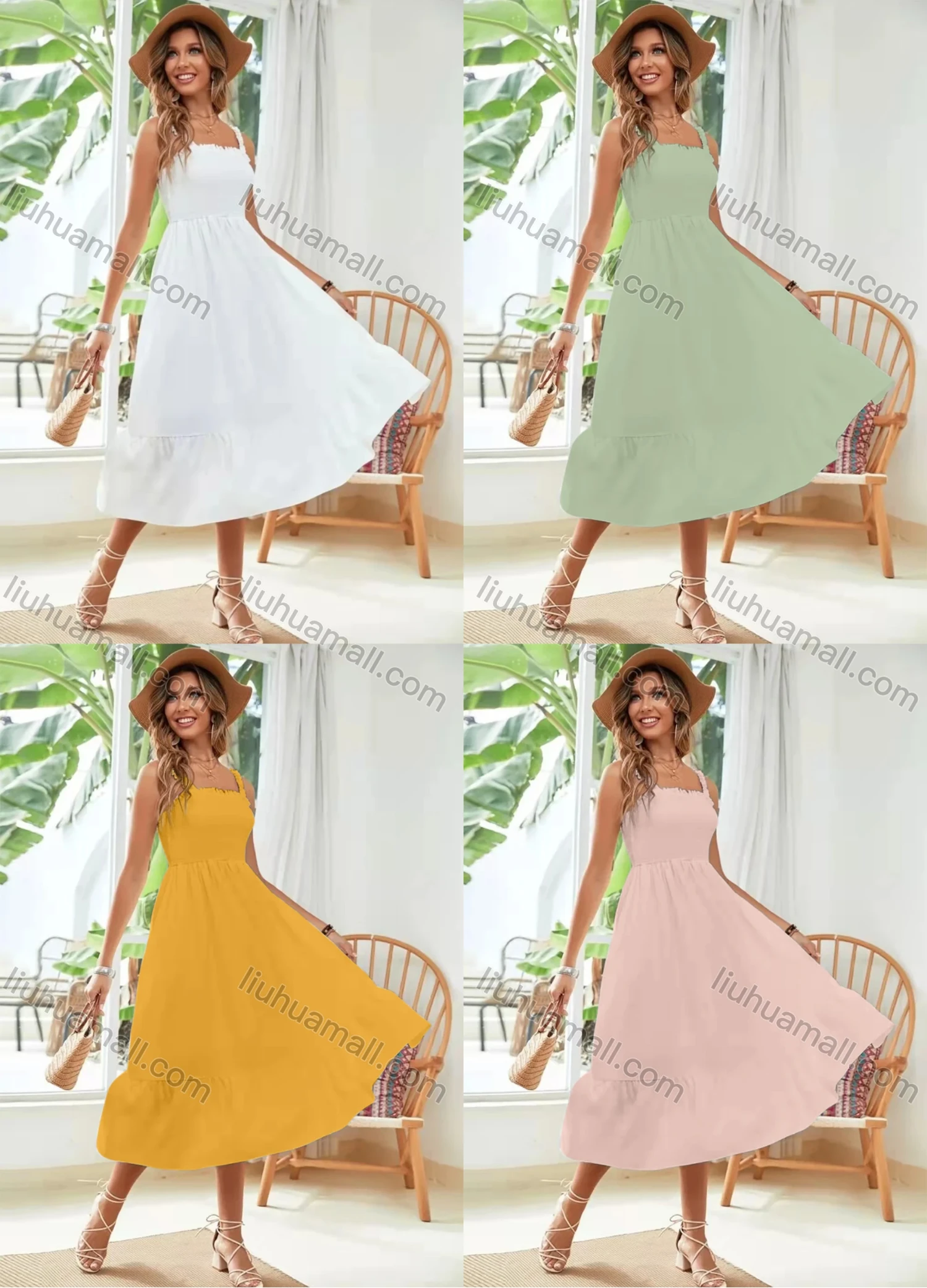 Wholesale Women's Casual Square Neck Ruffle Trim Shirred Plain Cami Midi Dress AY234# - Liuhuamall