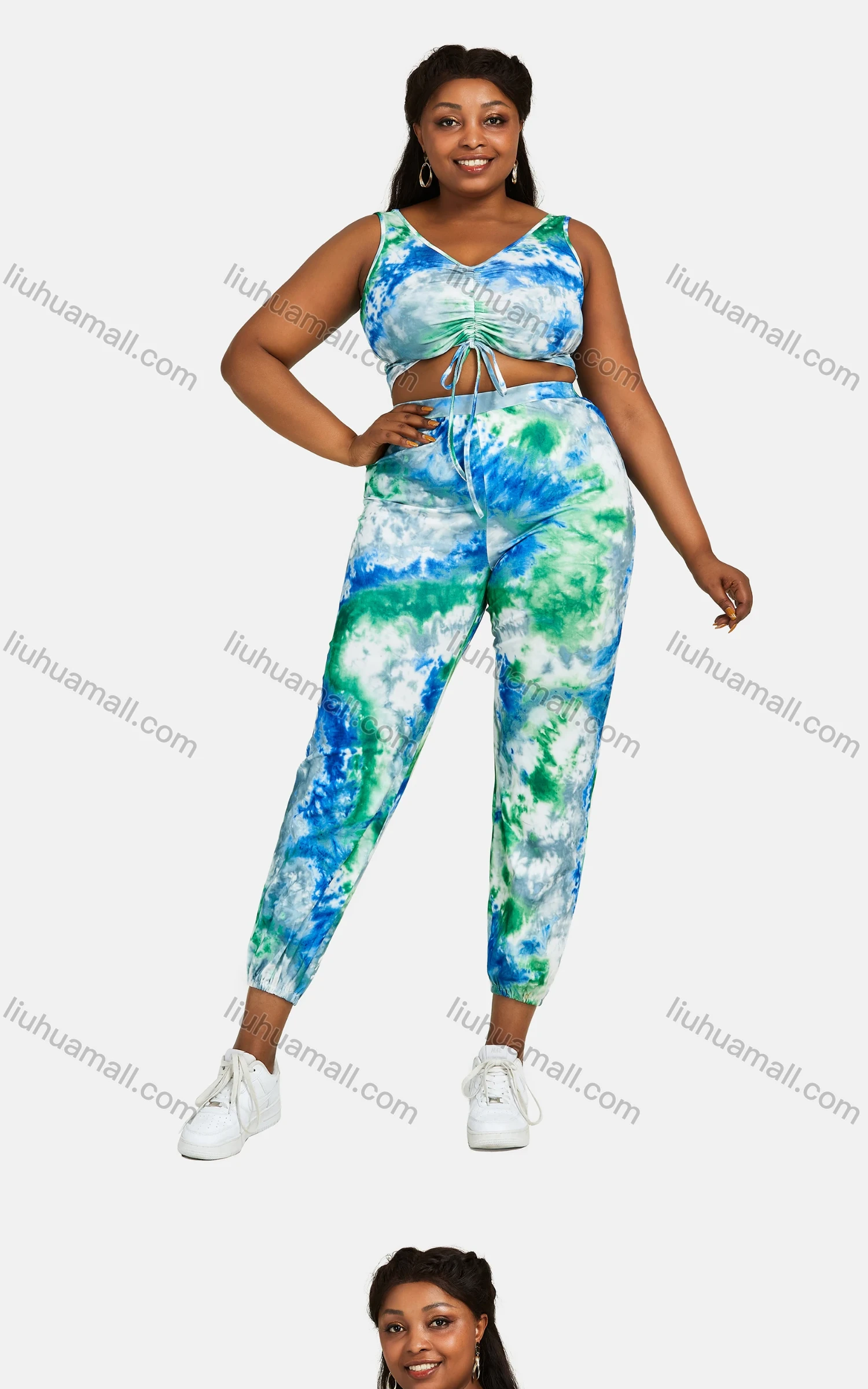 Wholesale Women's V Neck Abstract Print Lace Up Sporty Tank Top&Trouser Sets - Liuhuamall