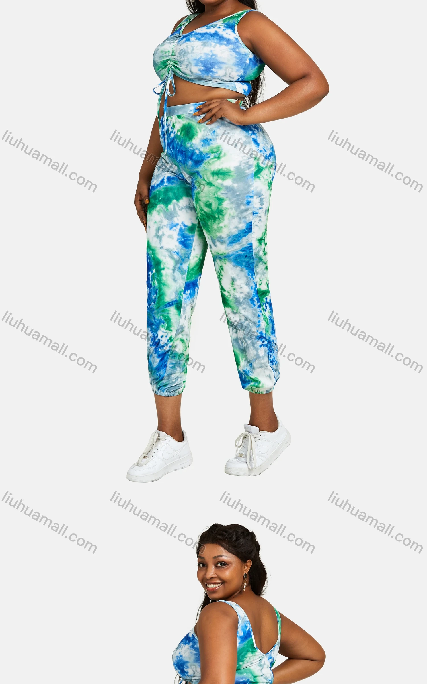 Wholesale Women's V Neck Abstract Print Lace Up Sporty Tank Top&Trouser Sets - Liuhuamall