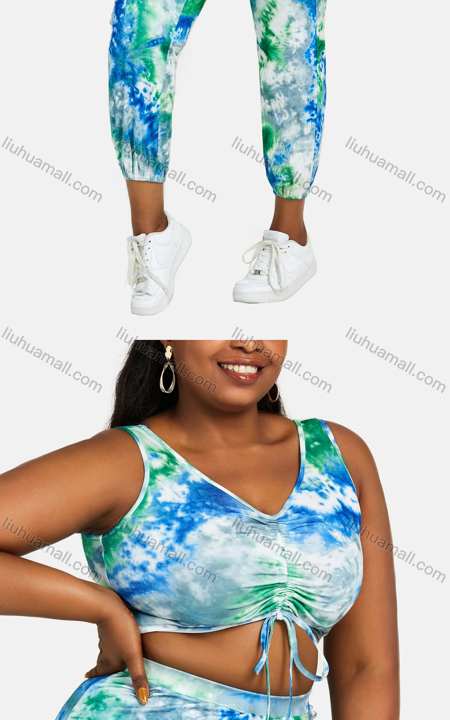 Wholesale Women's V Neck Abstract Print Lace Up Sporty Tank Top&Trouser Sets - Liuhuamall