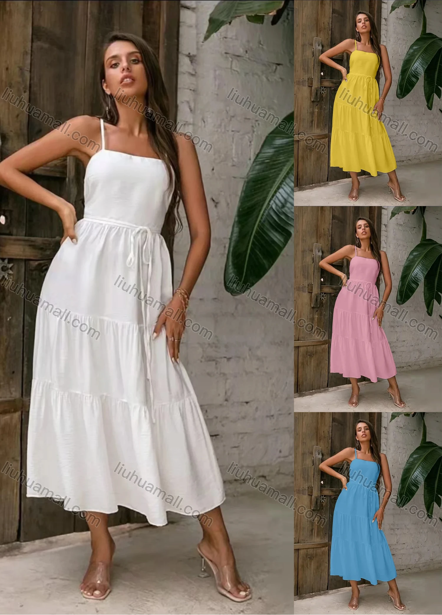 Wholesale Women's Spaghetti Strap Square Neck Open Back Lace Up Ruffle Hem Plain Cami Dress AY236# - Liuhuamall