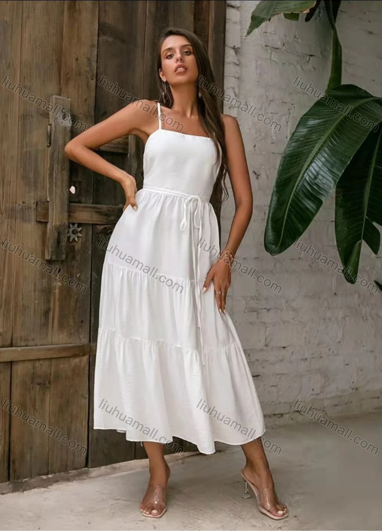 Wholesale Women's Spaghetti Strap Square Neck Open Back Lace Up Ruffle Hem Plain Cami Dress AY236# - Liuhuamall
