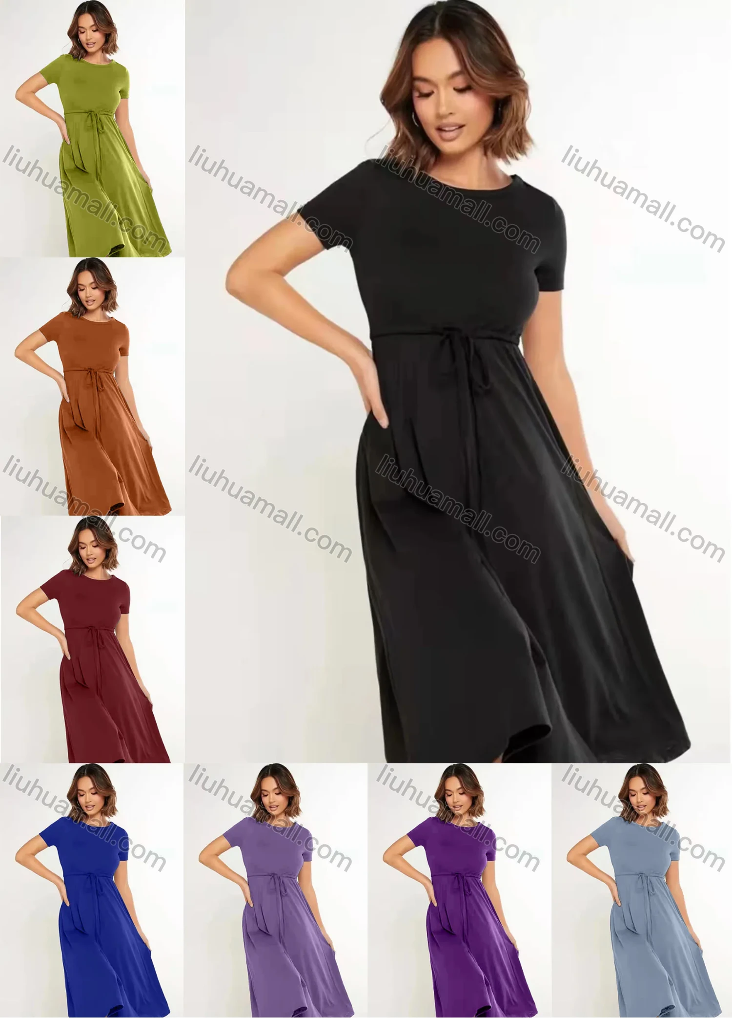 Wholesale Women's Casual Plain Round Neck Short Sleeve Plain Midi Dress With Belt AY237# - Liuhuamall