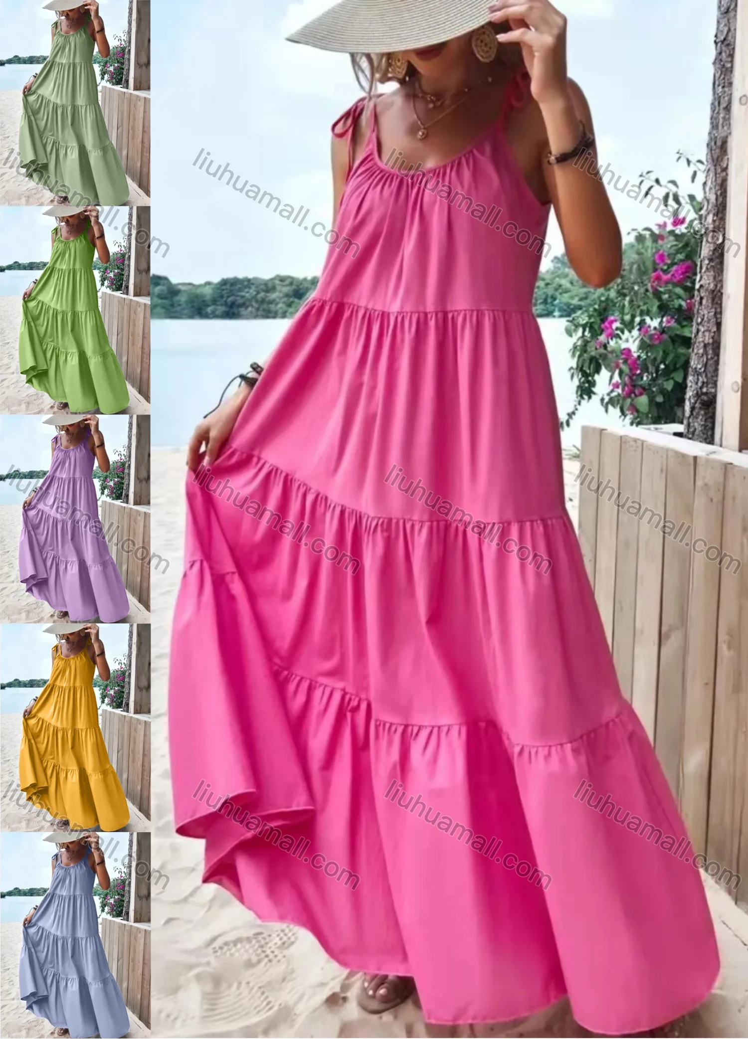 Wholesale Women's Spaghetti Strap Layered Ruffle Hem Plain Cami Maxi Dress AY238# - Liuhuamall