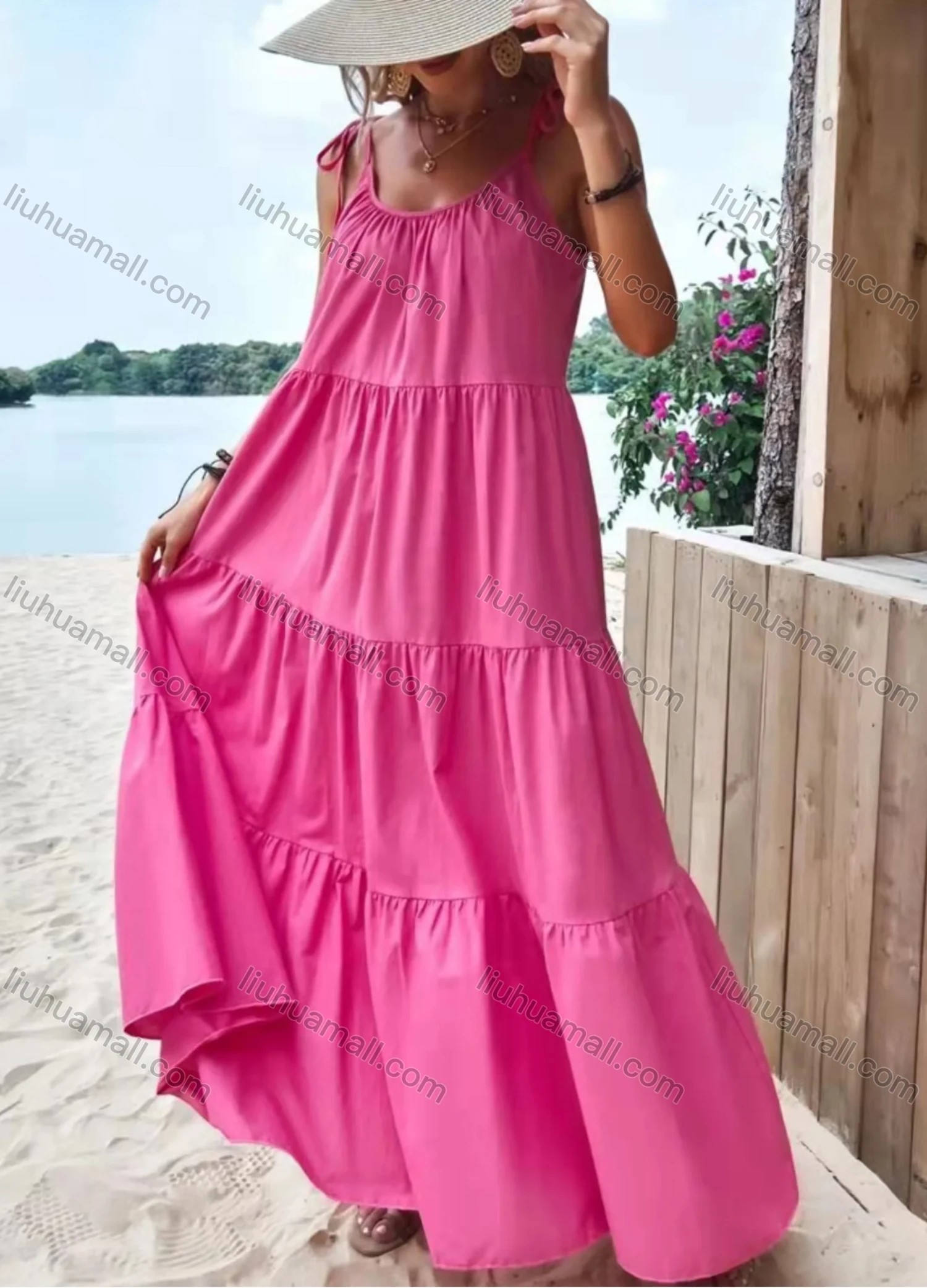 Wholesale Women's Spaghetti Strap Layered Ruffle Hem Plain Cami Maxi Dress AY238# - Liuhuamall