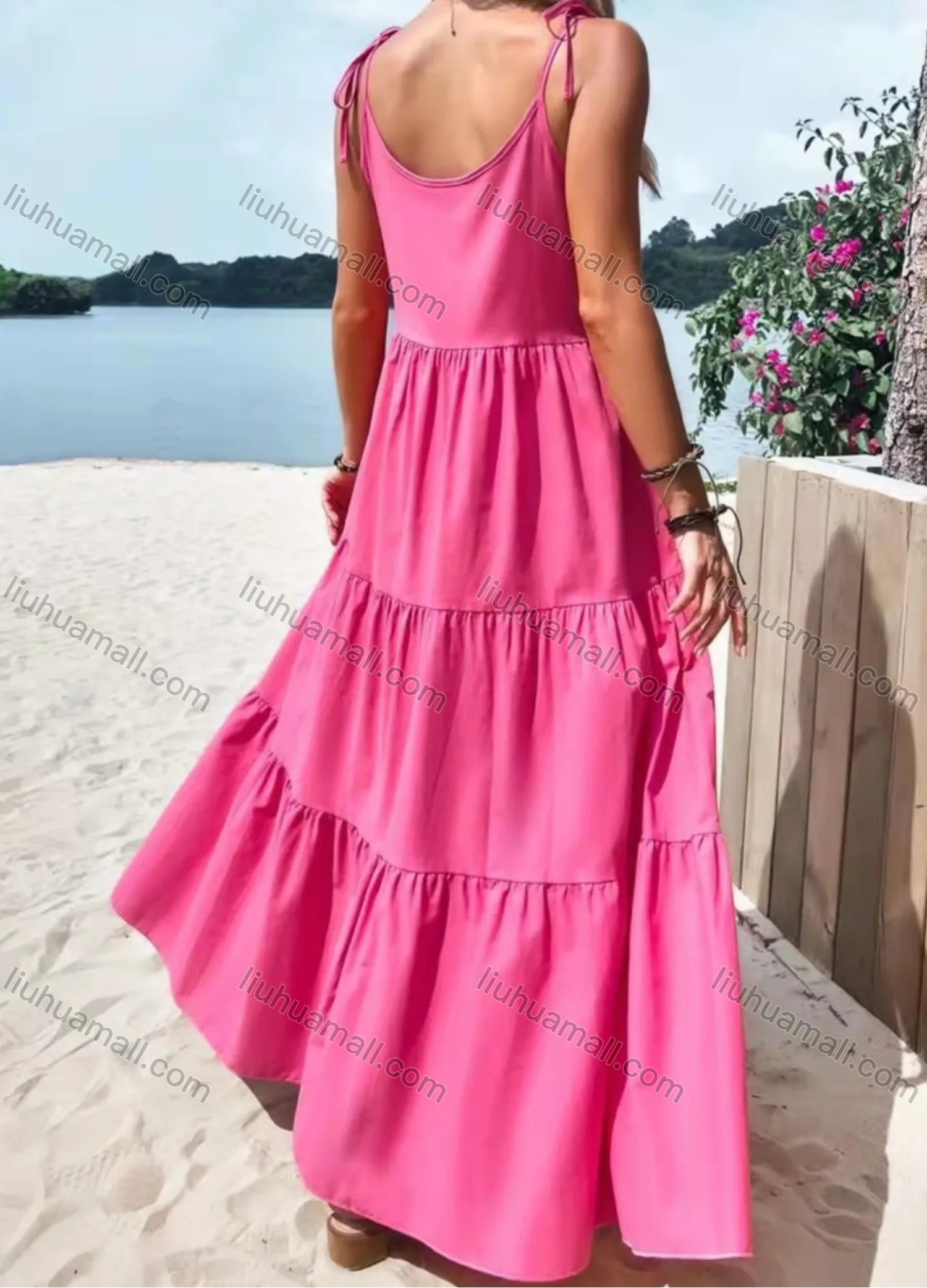 Wholesale Women's Spaghetti Strap Layered Ruffle Hem Plain Cami Maxi Dress AY238# - Liuhuamall