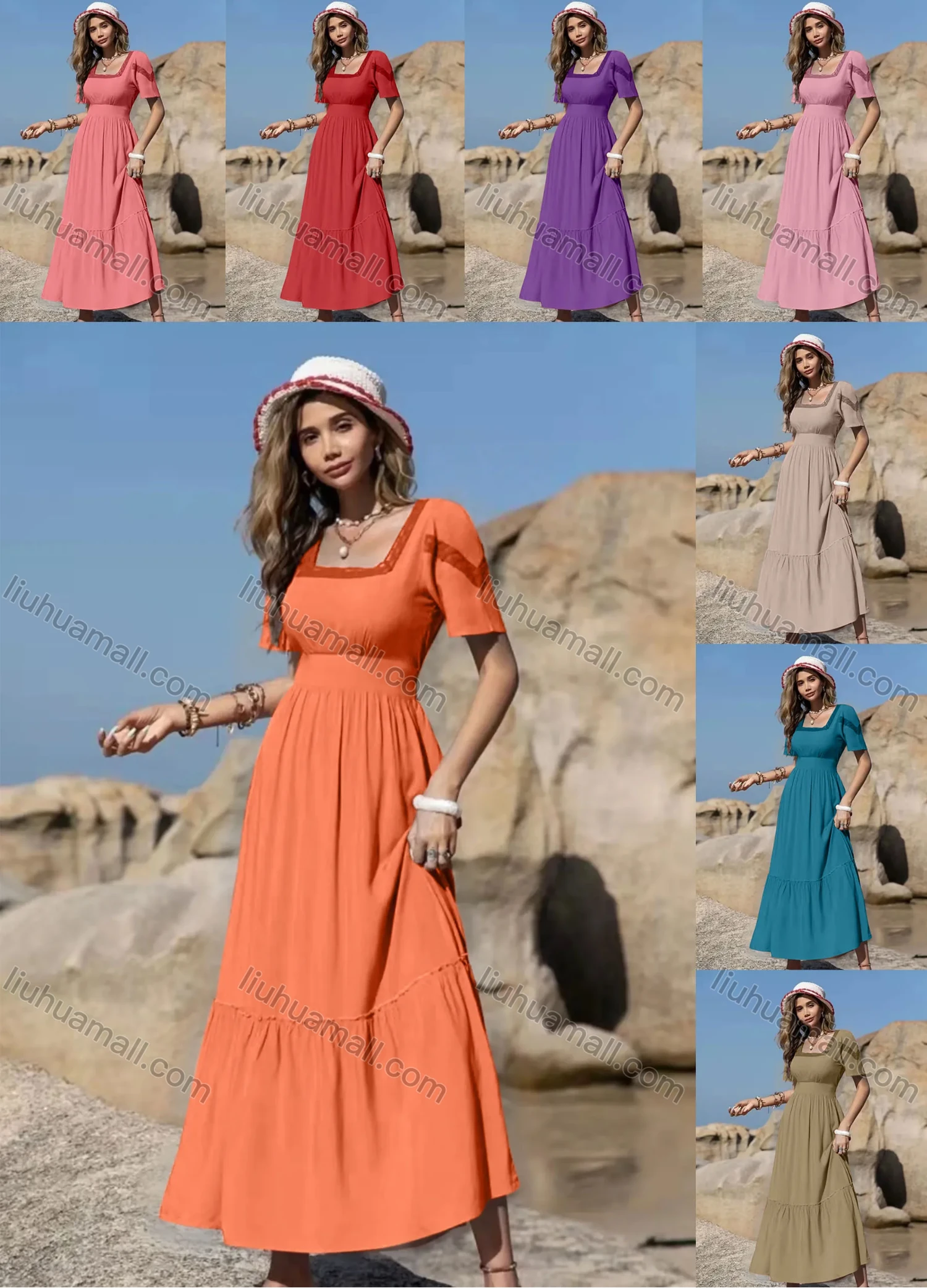 Wholesale Women's Square Neck Lace Trim Slim Waist Ruffle Hem Maxi Dress - Liuhuamall