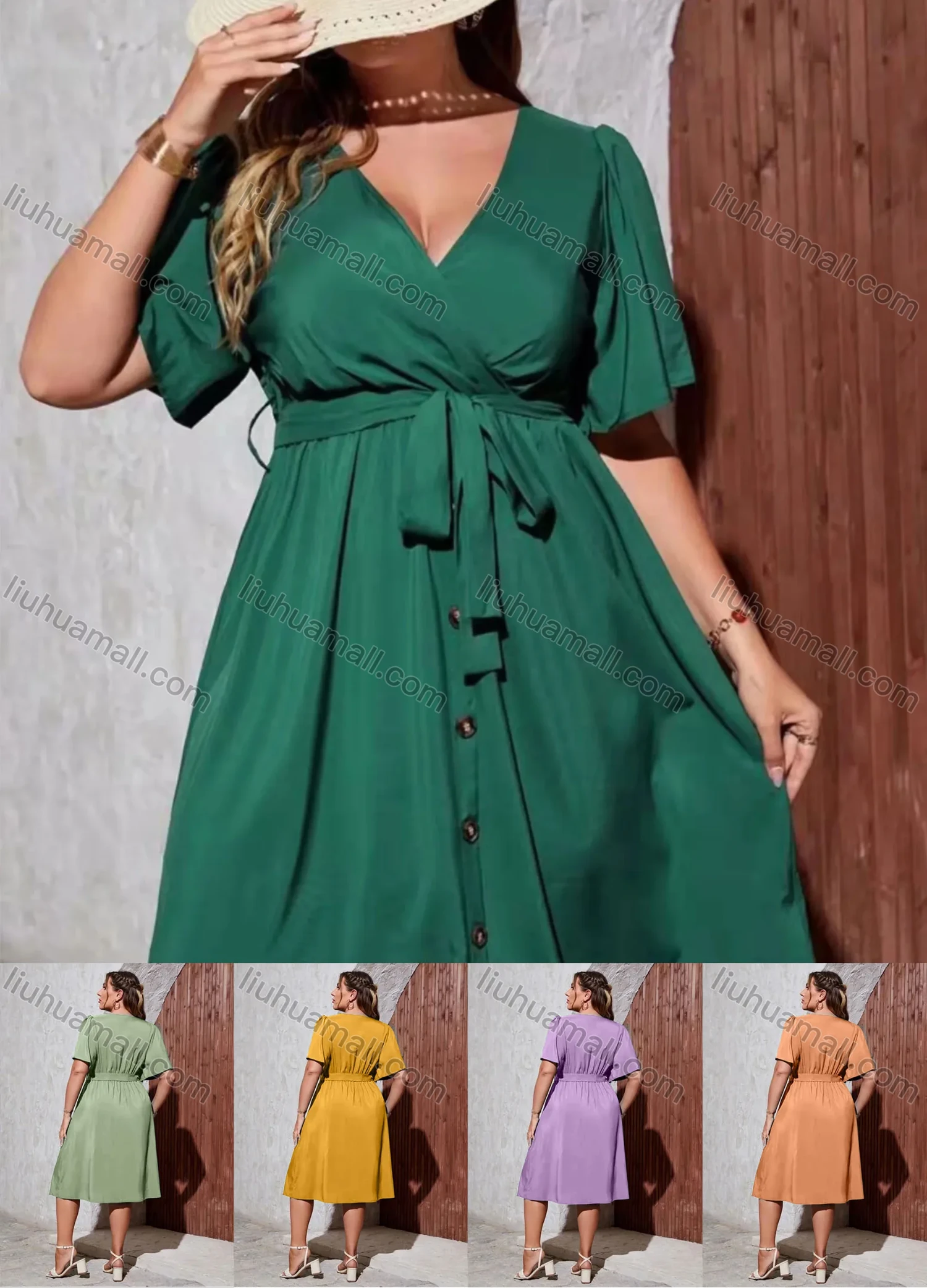 Wholesale Women's Plain Wrap V Neck Ruffle Sleeve Buttons Down Midi Dress With Belt AY240# - Liuhuamall