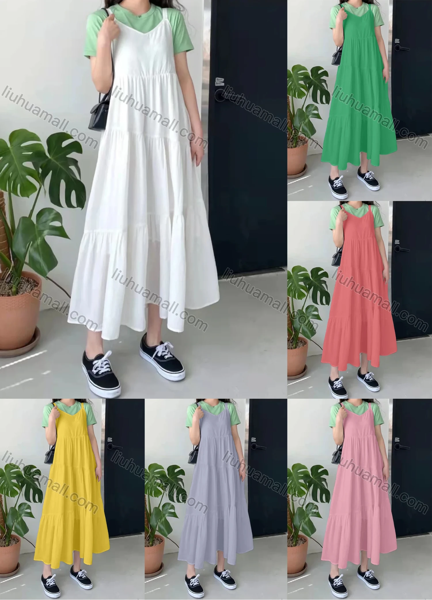 Wholesale Women's V Neck Ruffle Hem Lace Up Open Back Cami Maxi Dress AY241# - Liuhuamall