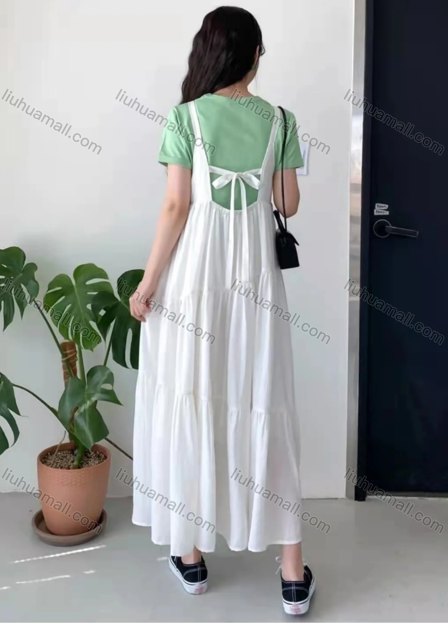 Wholesale Women's V Neck Ruffle Hem Lace Up Open Back Cami Maxi Dress AY241# - Liuhuamall