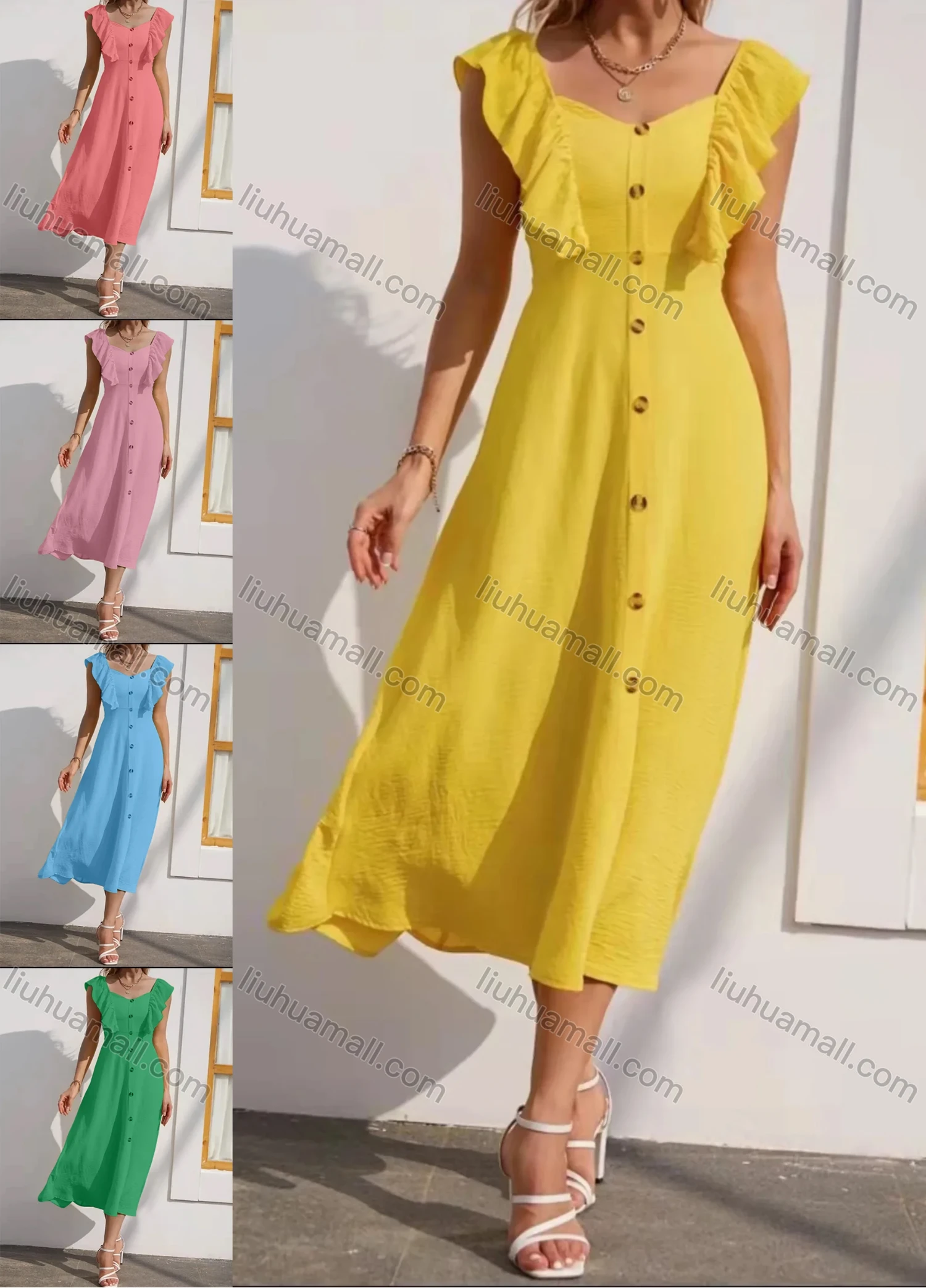 Wholesale Women's Sweetheart Neck Ruffle Trim Button Decor Open Back Cami Dress AY242# - Liuhuamall