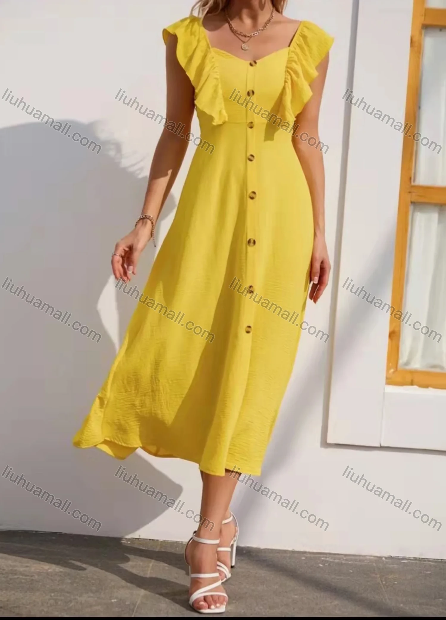 Wholesale Women's Sweetheart Neck Ruffle Trim Button Decor Open Back Cami Dress AY242# - Liuhuamall