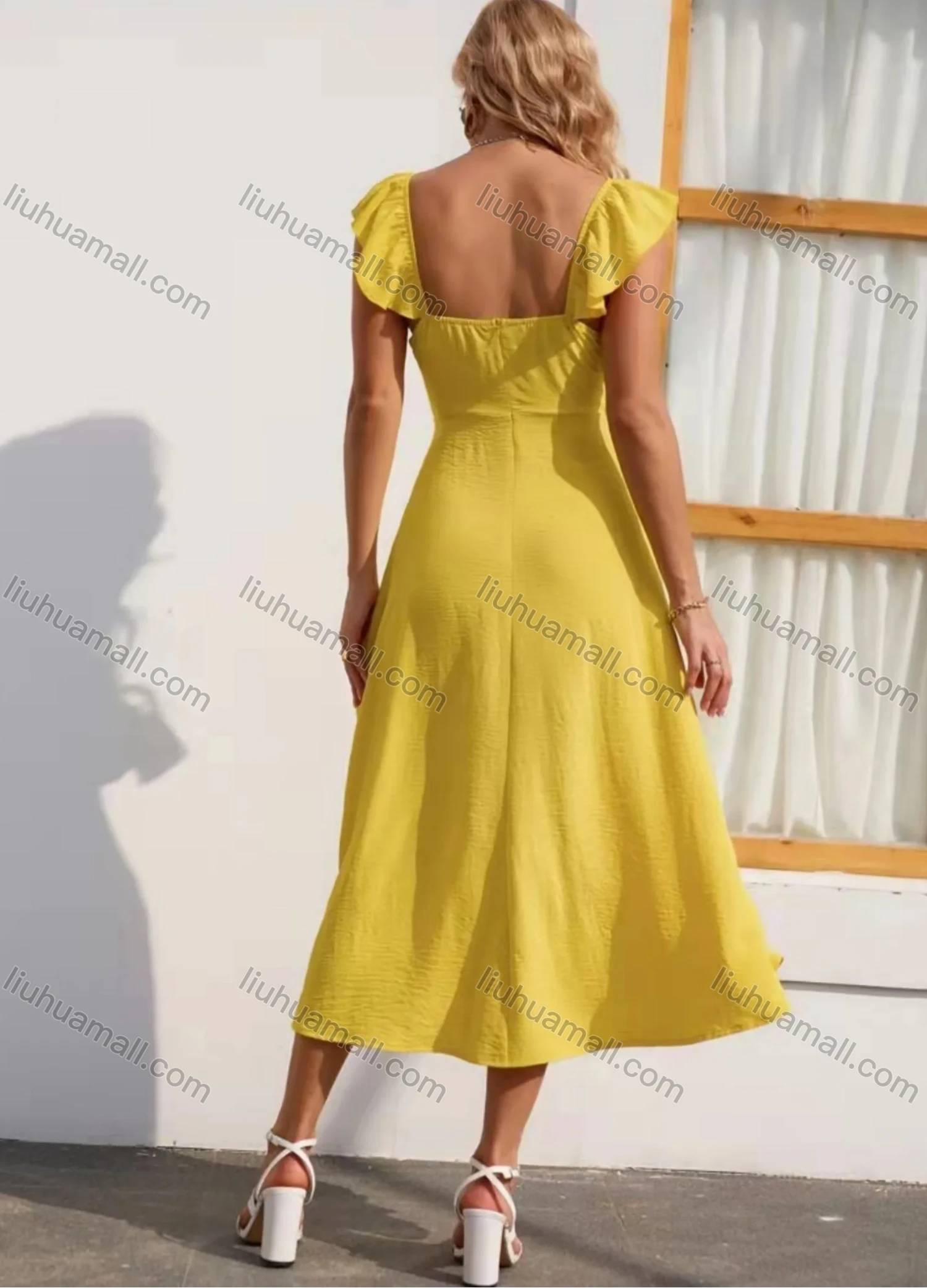 Wholesale Women's Sweetheart Neck Ruffle Trim Button Decor Open Back Cami Dress AY242# - Liuhuamall