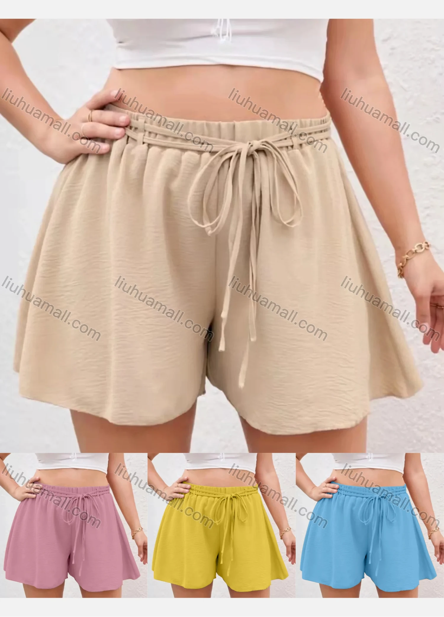 Wholesale Women's Casual Elastic Waist Lace Up Plain Shorts AY243# - Liuhuamall