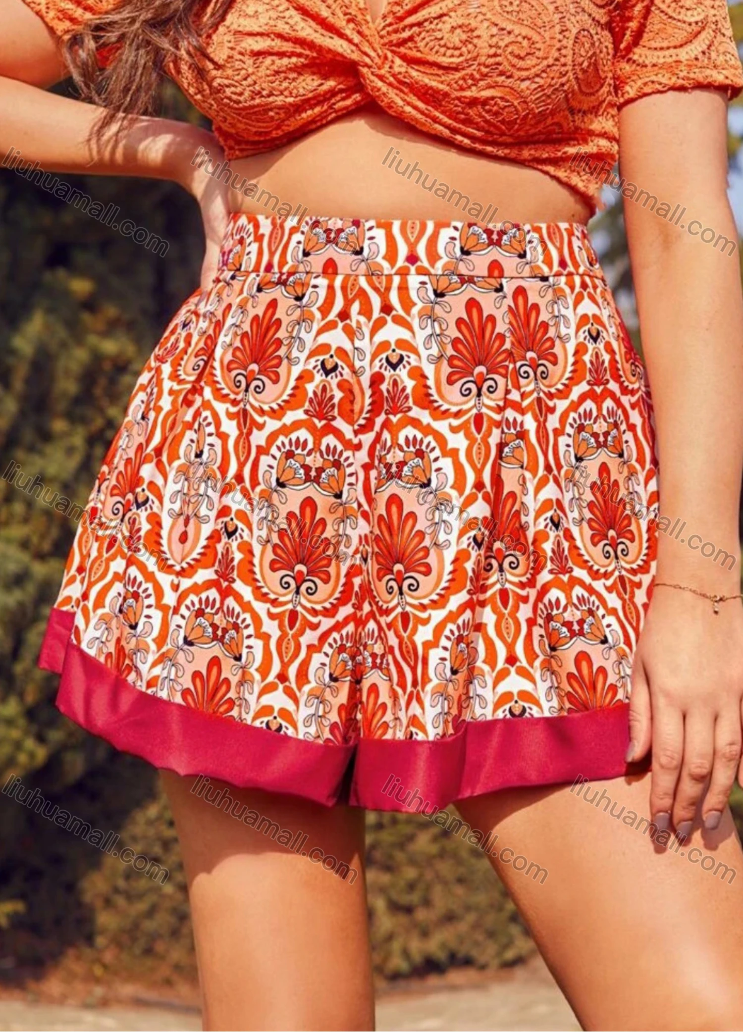 Wholesale Women's Boho Vacation Elastic Waist Floral Print Shorts AY244# - Liuhuamall