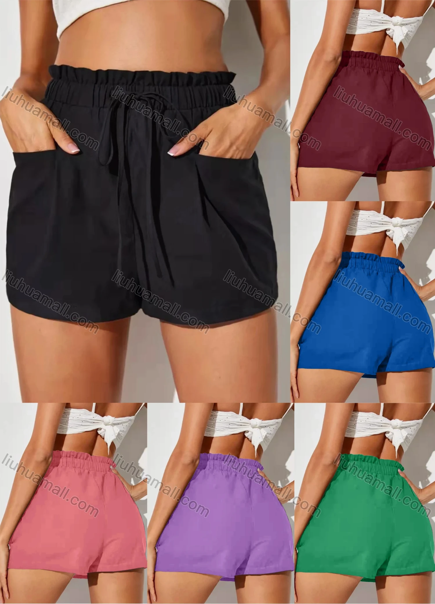 Wholesale Women's Casual Elastic Waist Drawstring Ruffle Trim Plain Shorts AY245# - Liuhuamall