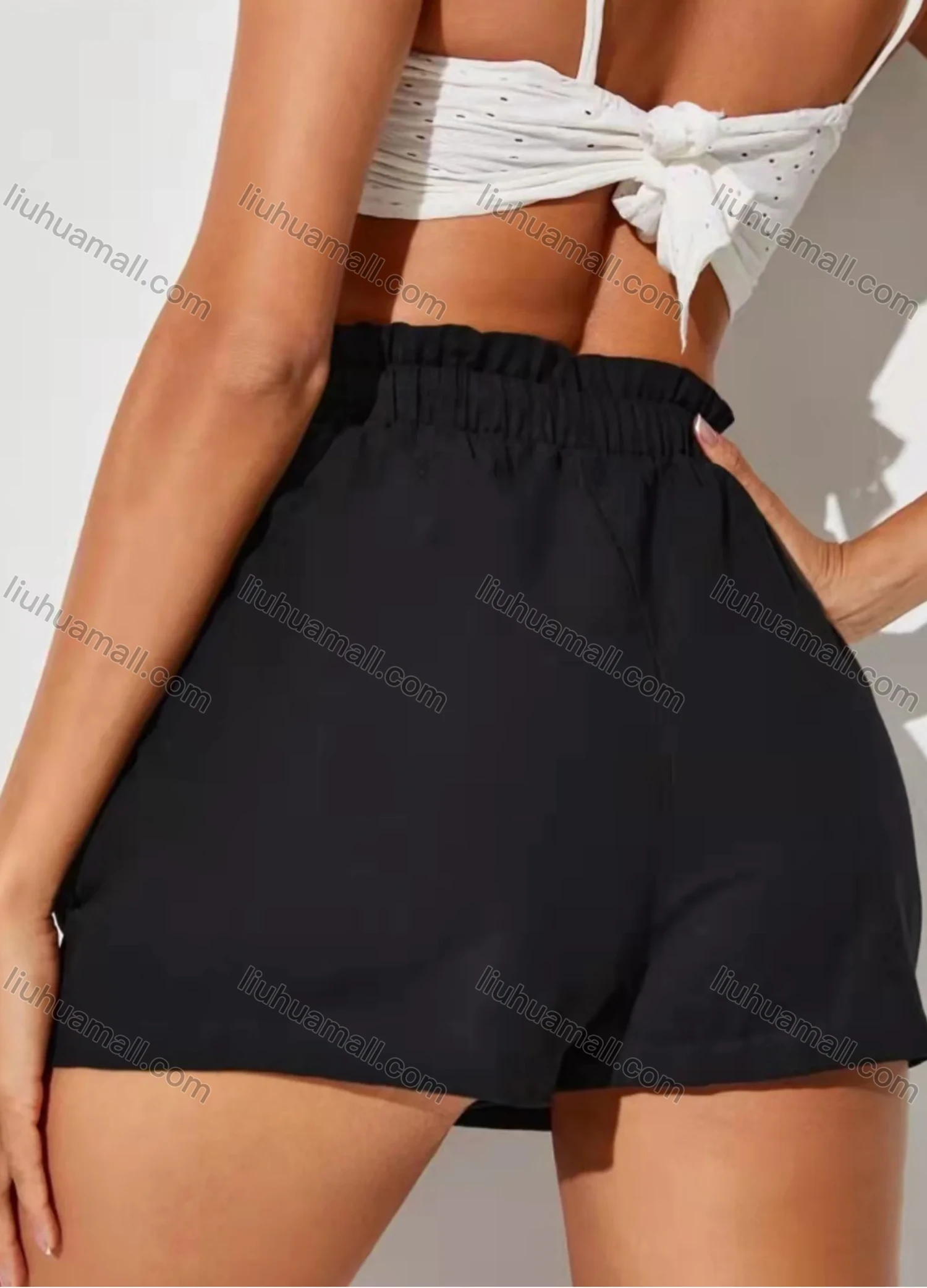 Wholesale Women's Casual Elastic Waist Drawstring Ruffle Trim Plain Shorts AY245# - Liuhuamall