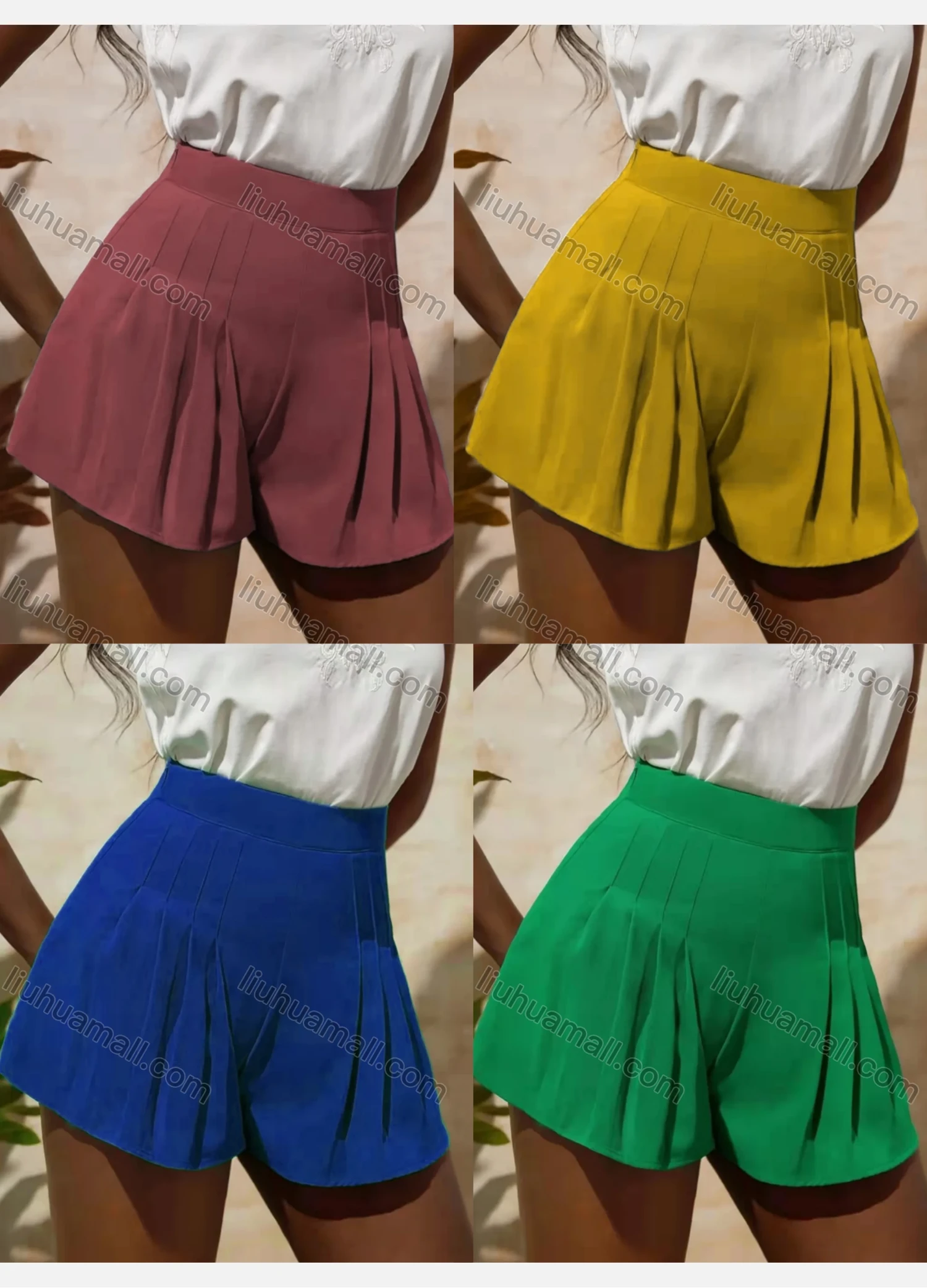 Wholesale Women's Casual Elastic Waist Pleated Plain Shorts AY246# - Liuhuamall