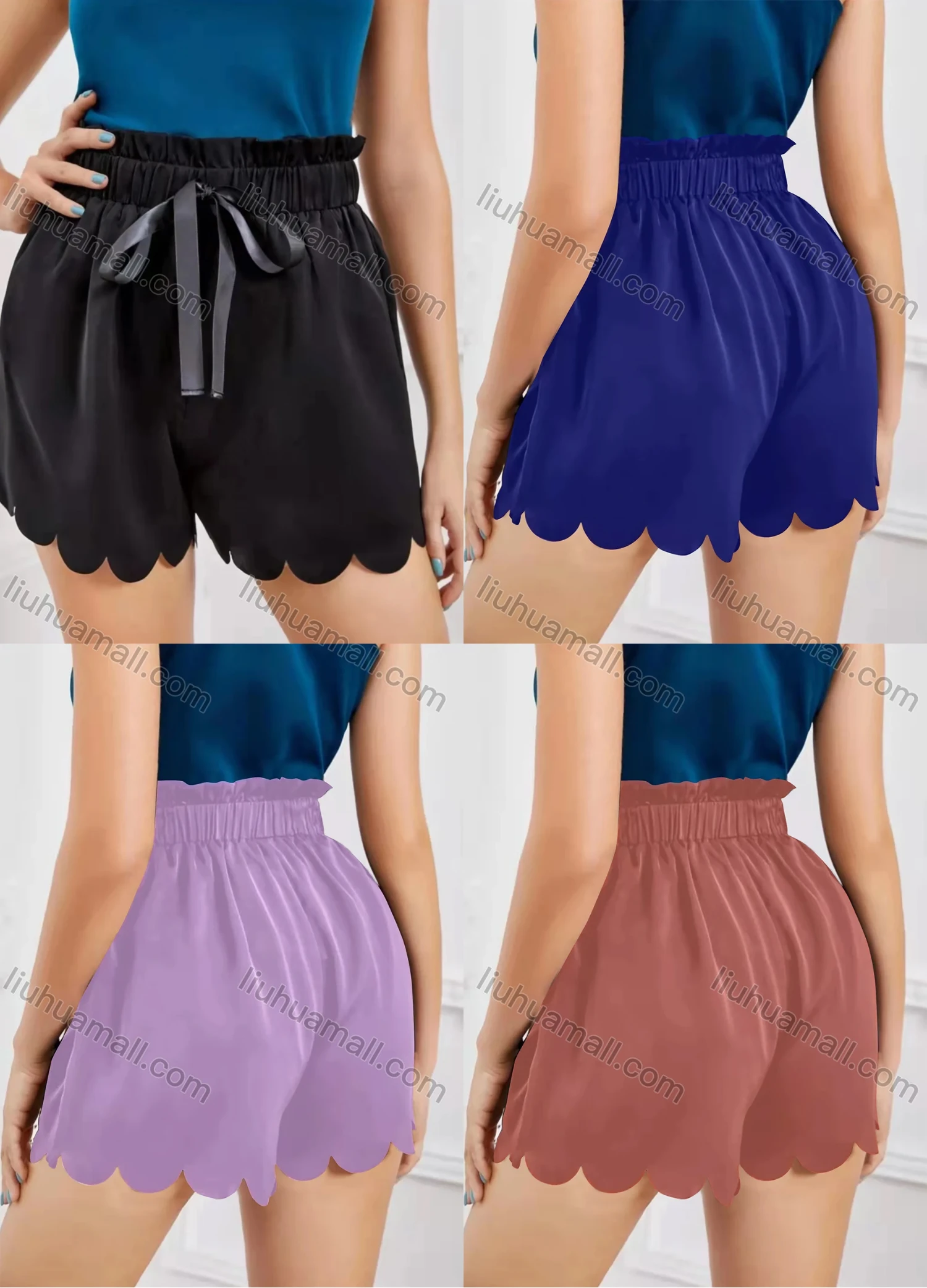 Wholesale Women's Elastic Waist Drawstring Scalloped Lettuce Trim Shorts AY247# - Liuhuamall