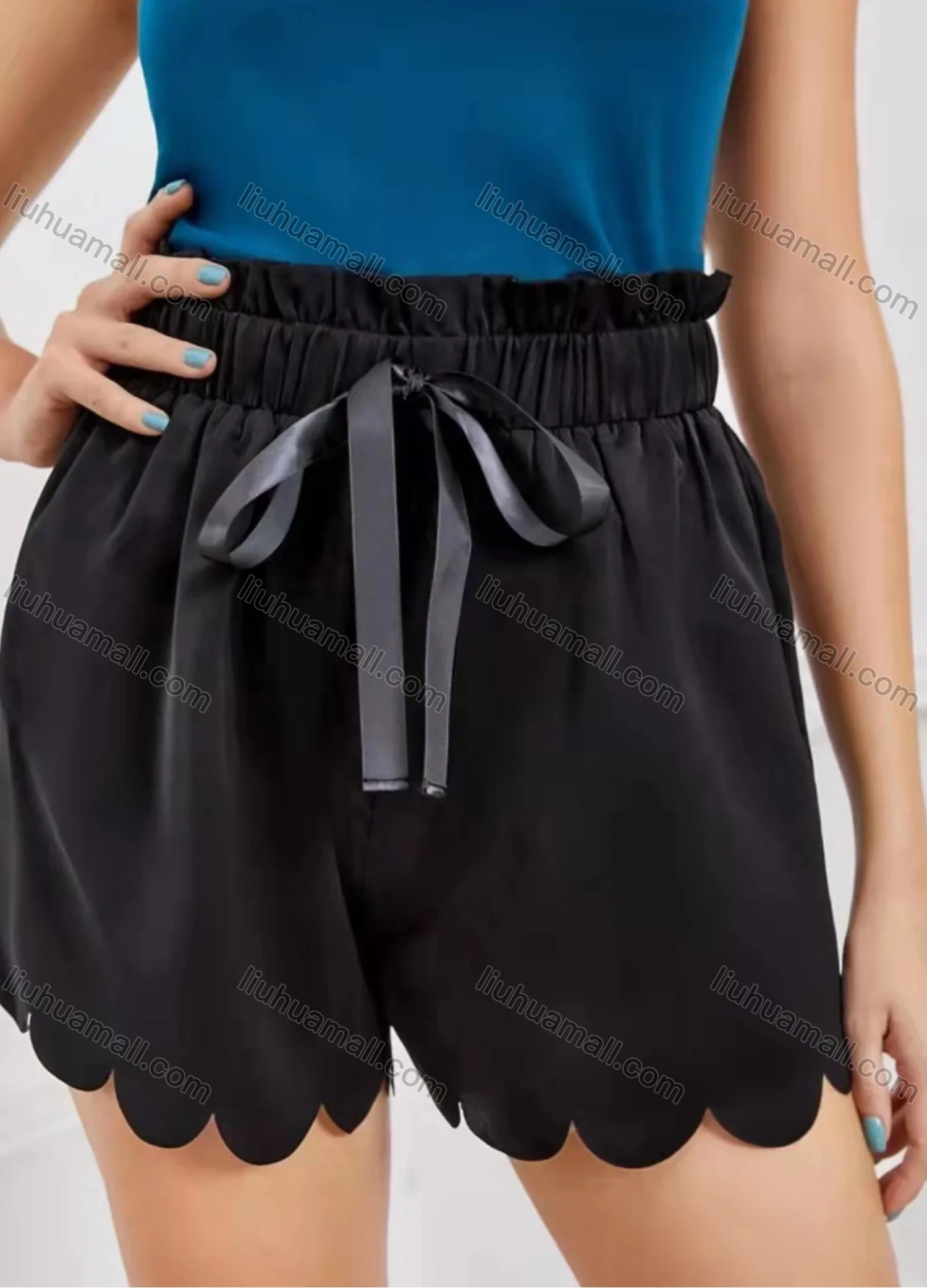 Wholesale Women's Elastic Waist Drawstring Scalloped Lettuce Trim Shorts AY247# - Liuhuamall