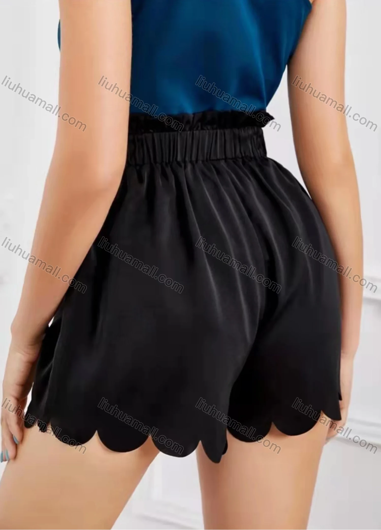 Wholesale Women's Elastic Waist Drawstring Scalloped Lettuce Trim Shorts AY247# - Liuhuamall