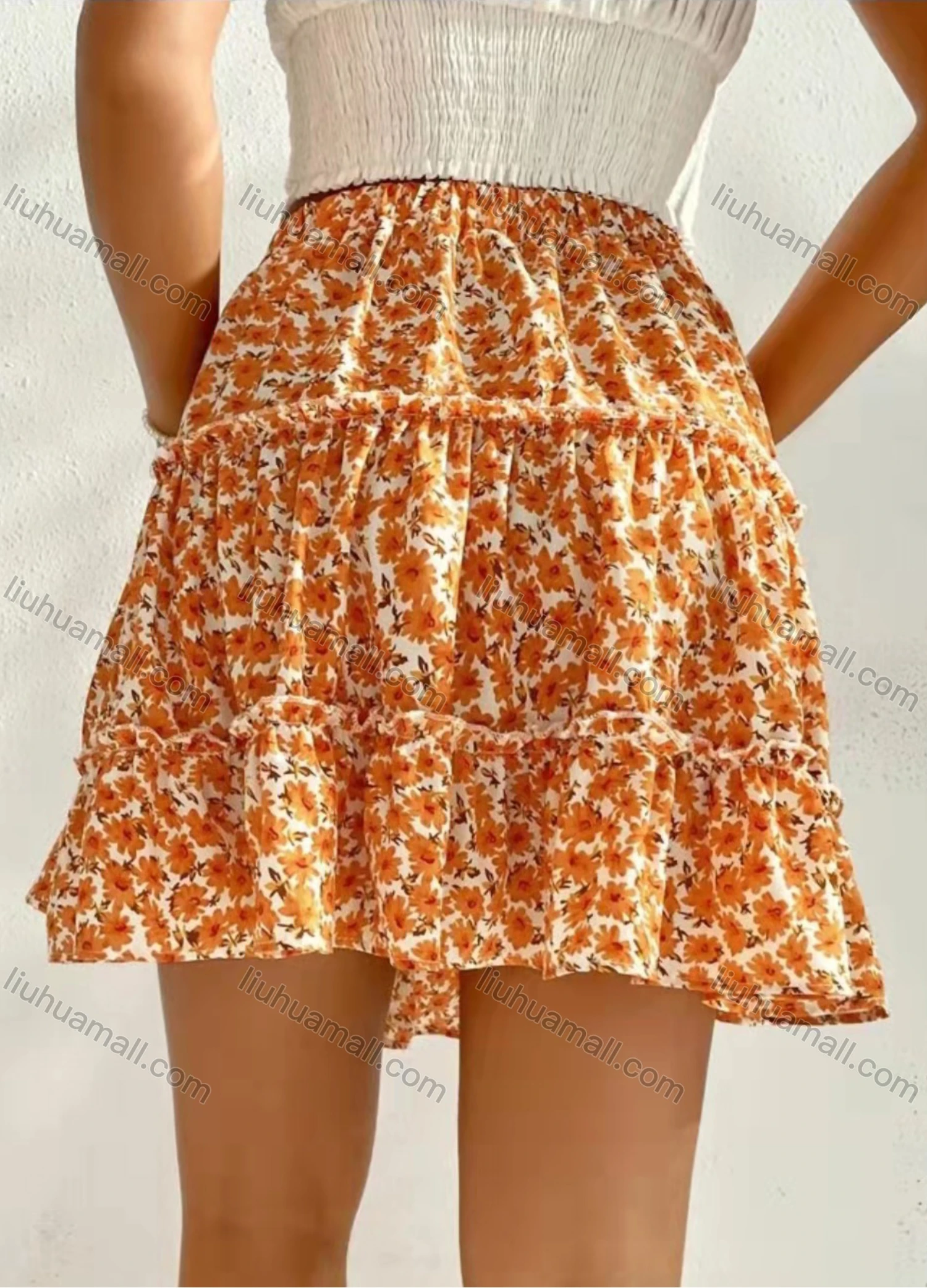 Wholesale Women's Casual Drawstring Floral Ruffle Trim Layered Short Skirt AY249# - Liuhuamall