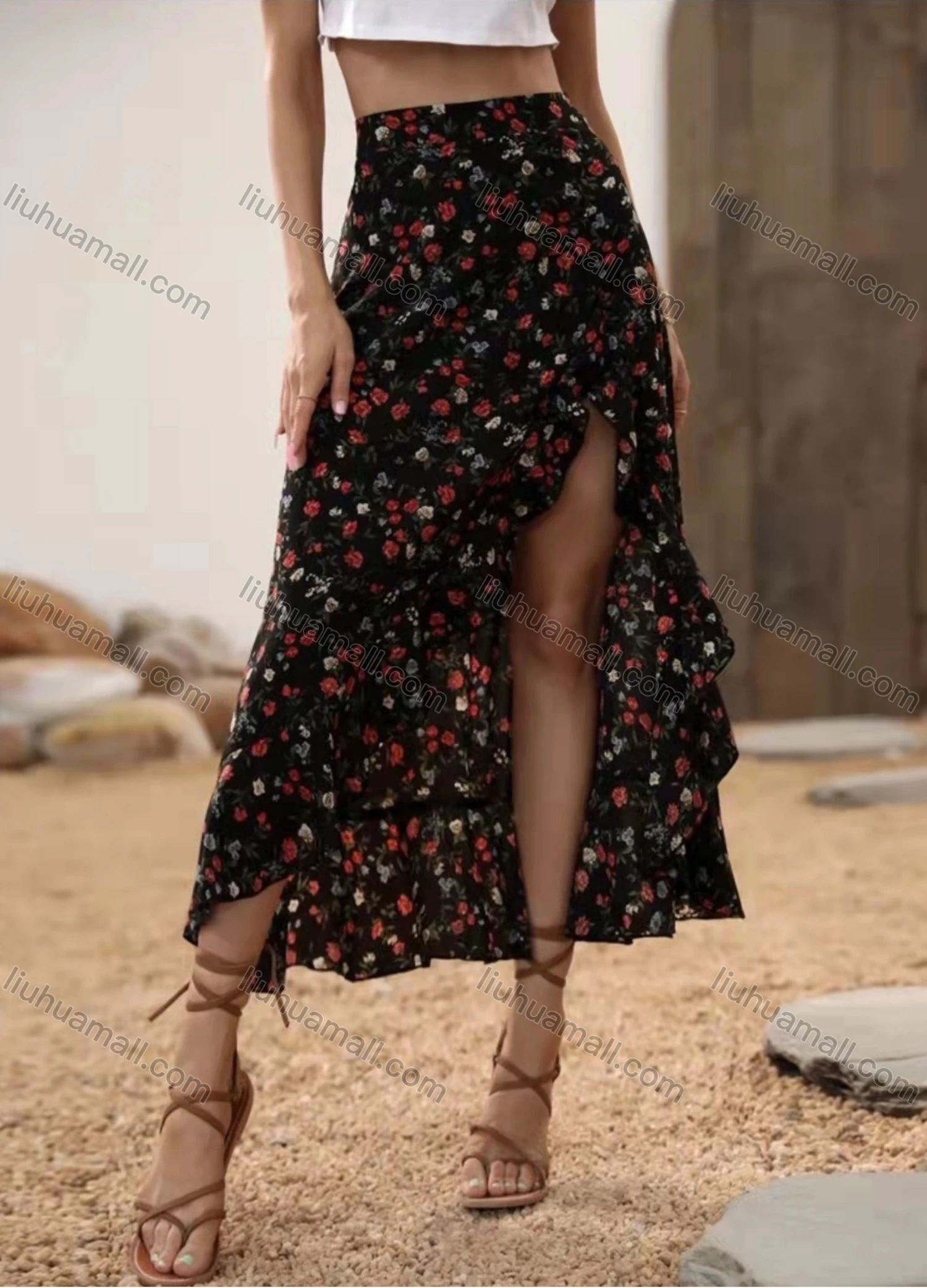 Wholesale Women's Casual Floral Ruffle Trim Split Thigh Midi Skirt AY250# - Liuhuamall