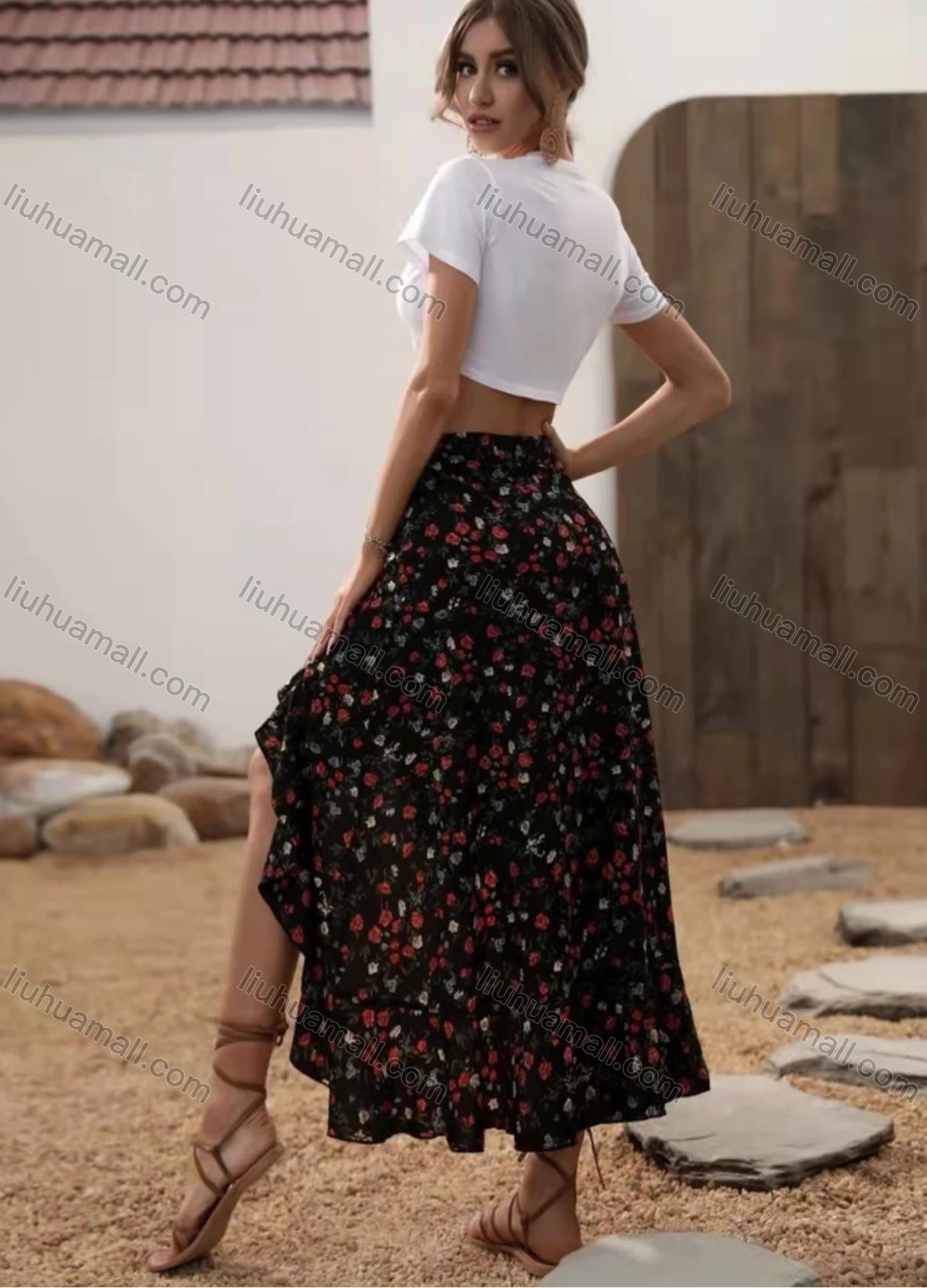 Wholesale Women's Casual Floral Ruffle Trim Split Thigh Midi Skirt AY250# - Liuhuamall