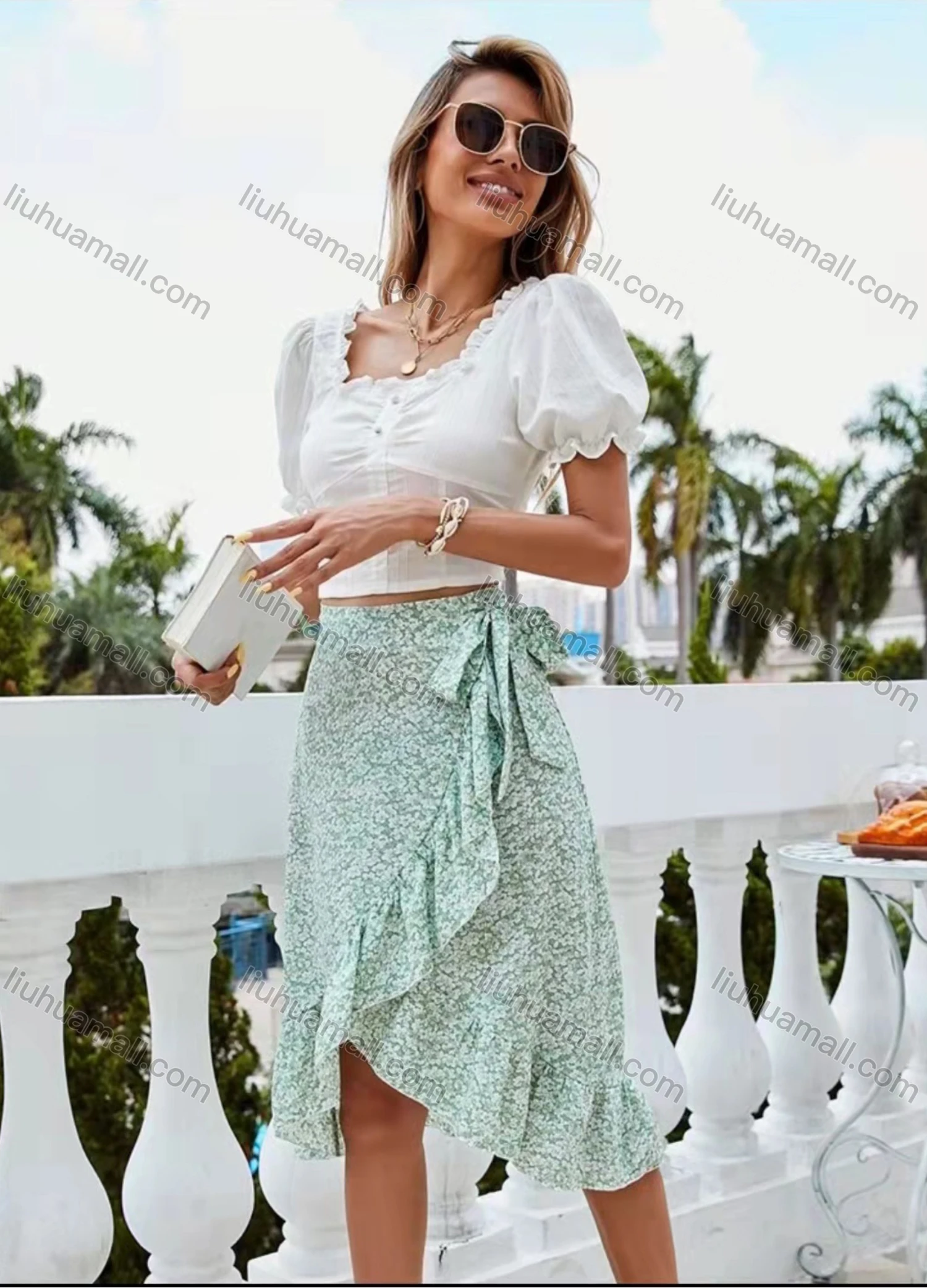 Wholesale Women's Casual Floral Ruffle Trim Lace Up Midi Skirt AY251# - Liuhuamall