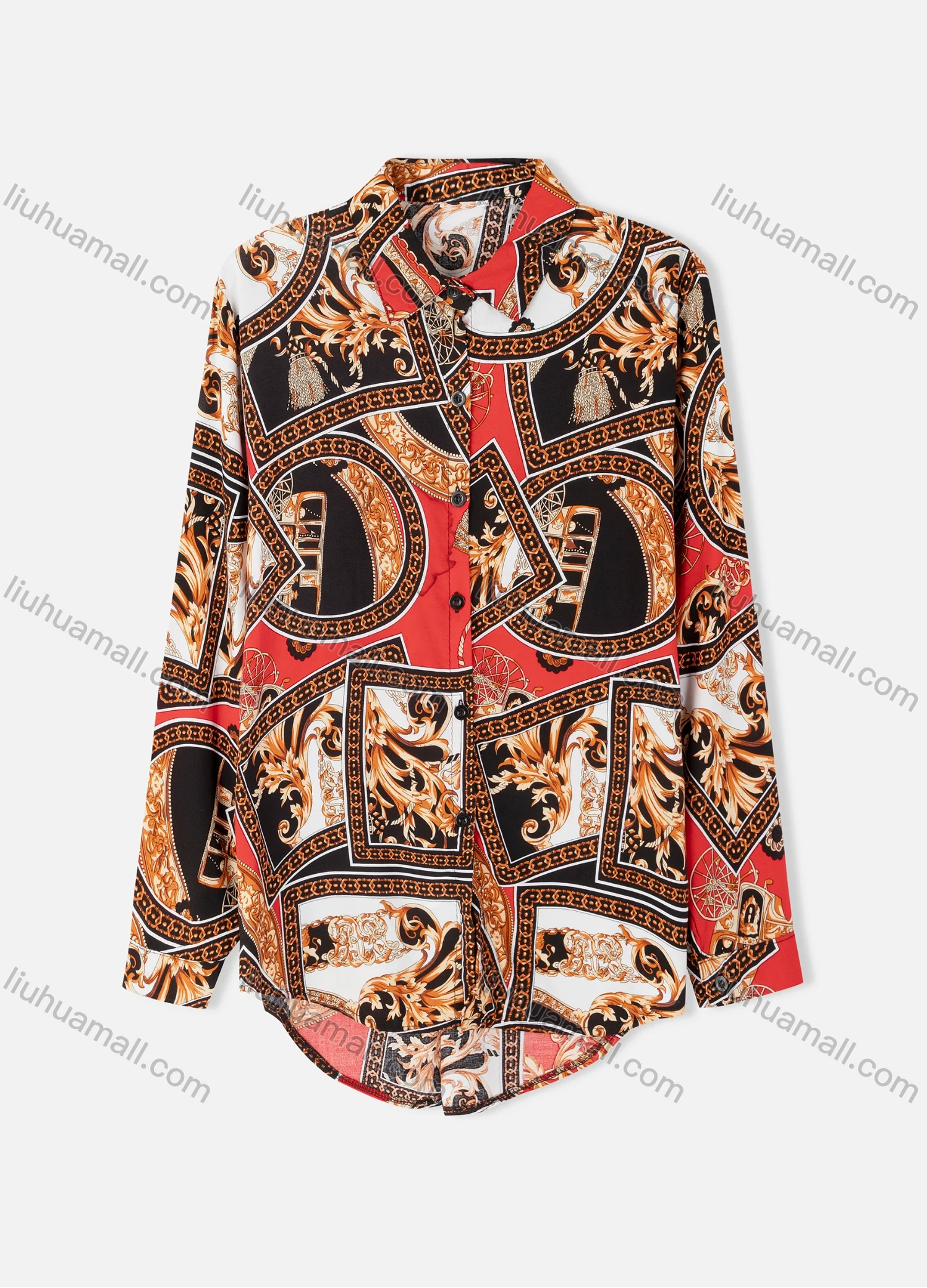 Wholesale Women's Plus Size Fashion Long Sleeve Button Down Allover Baroque Print Shirt - Liuhuamall