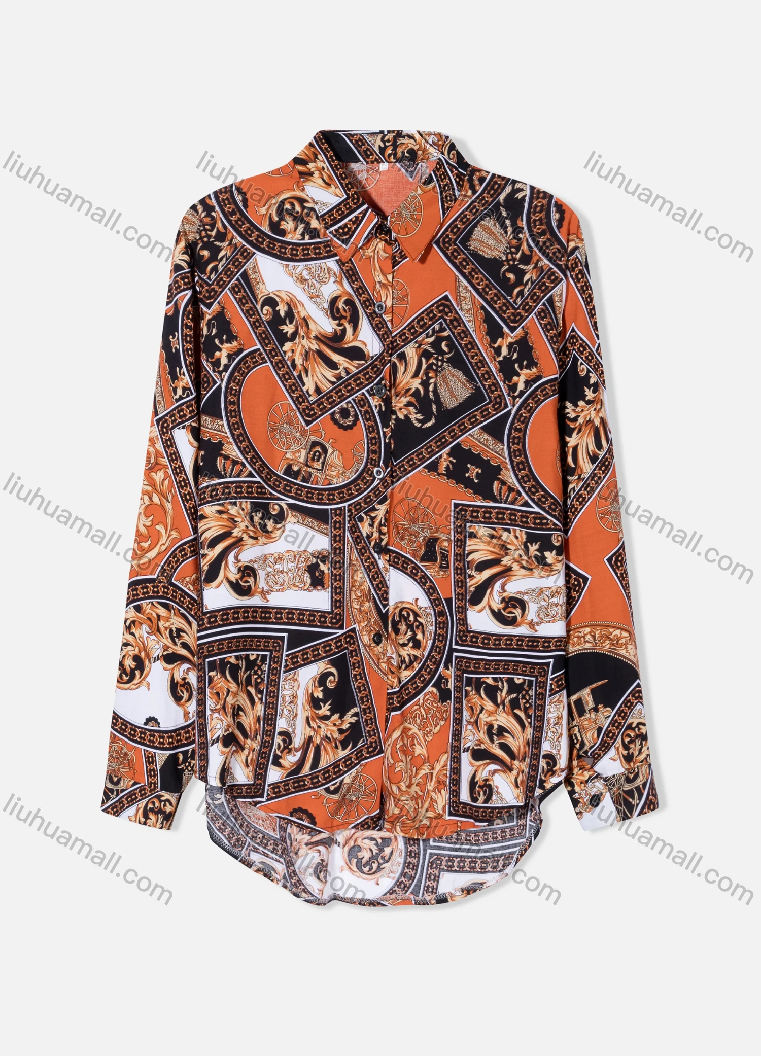Wholesale Women's Plus Size Fashion Long Sleeve Button Down Allover Baroque Print Shirt - Liuhuamall