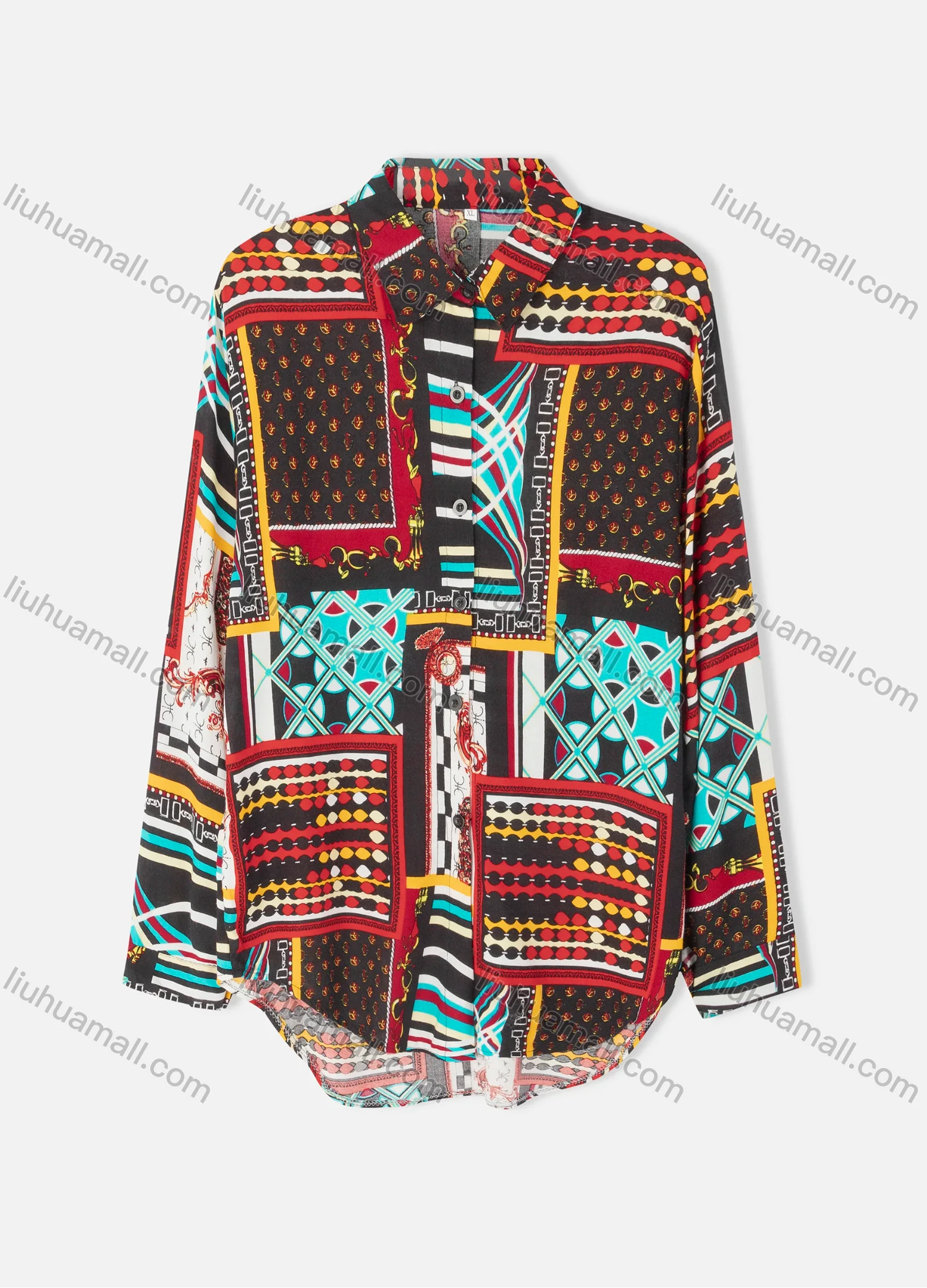 Wholesale Women's Plus Size Fashion Long Sleeve Button Down Allover Patchwork Print Shirt - Liuhuamall