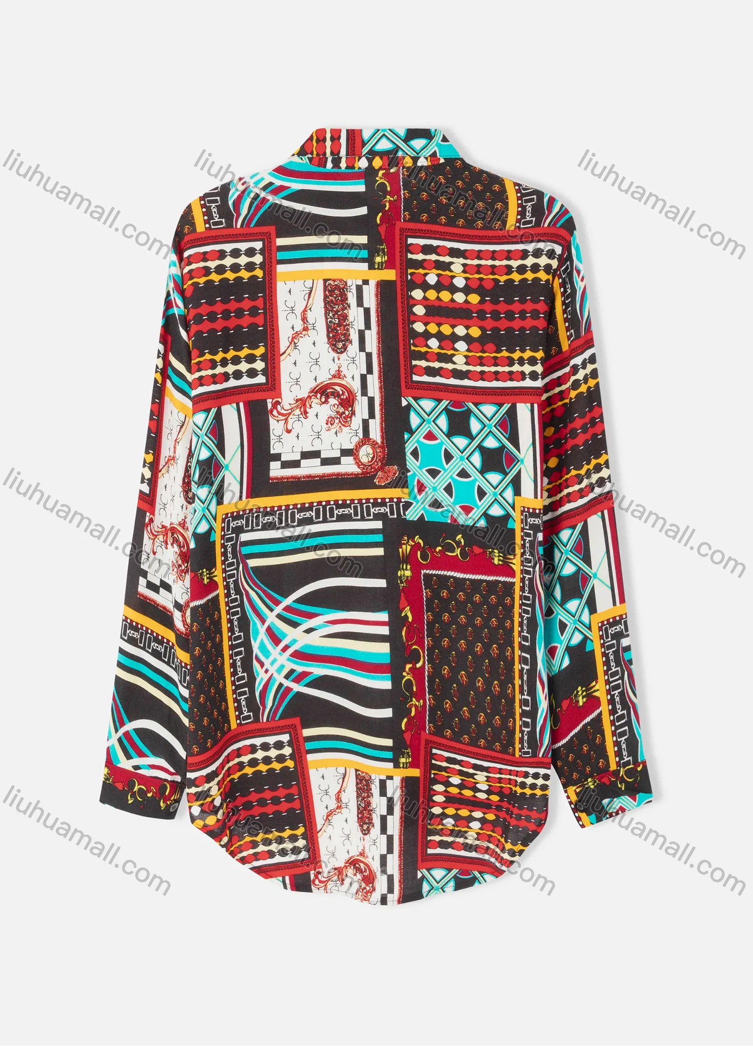 Wholesale Women's Plus Size Fashion Long Sleeve Button Down Allover Patchwork Print Shirt - Liuhuamall