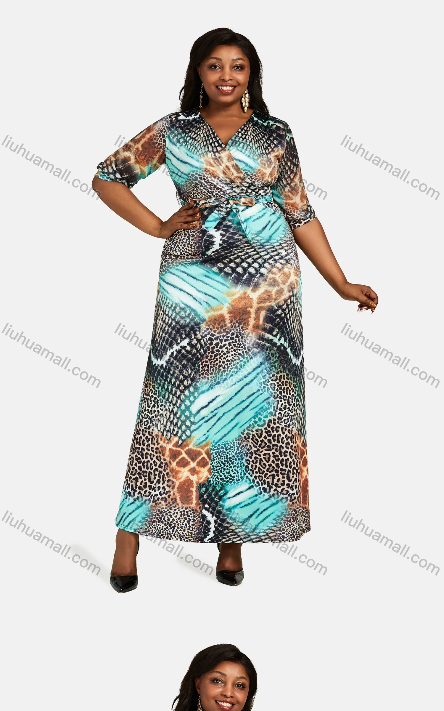 Wholesale Women's Casual Wrap V Neck Half Sleeve Allover Print Lace Up Maxi Dress - Liuhuamall