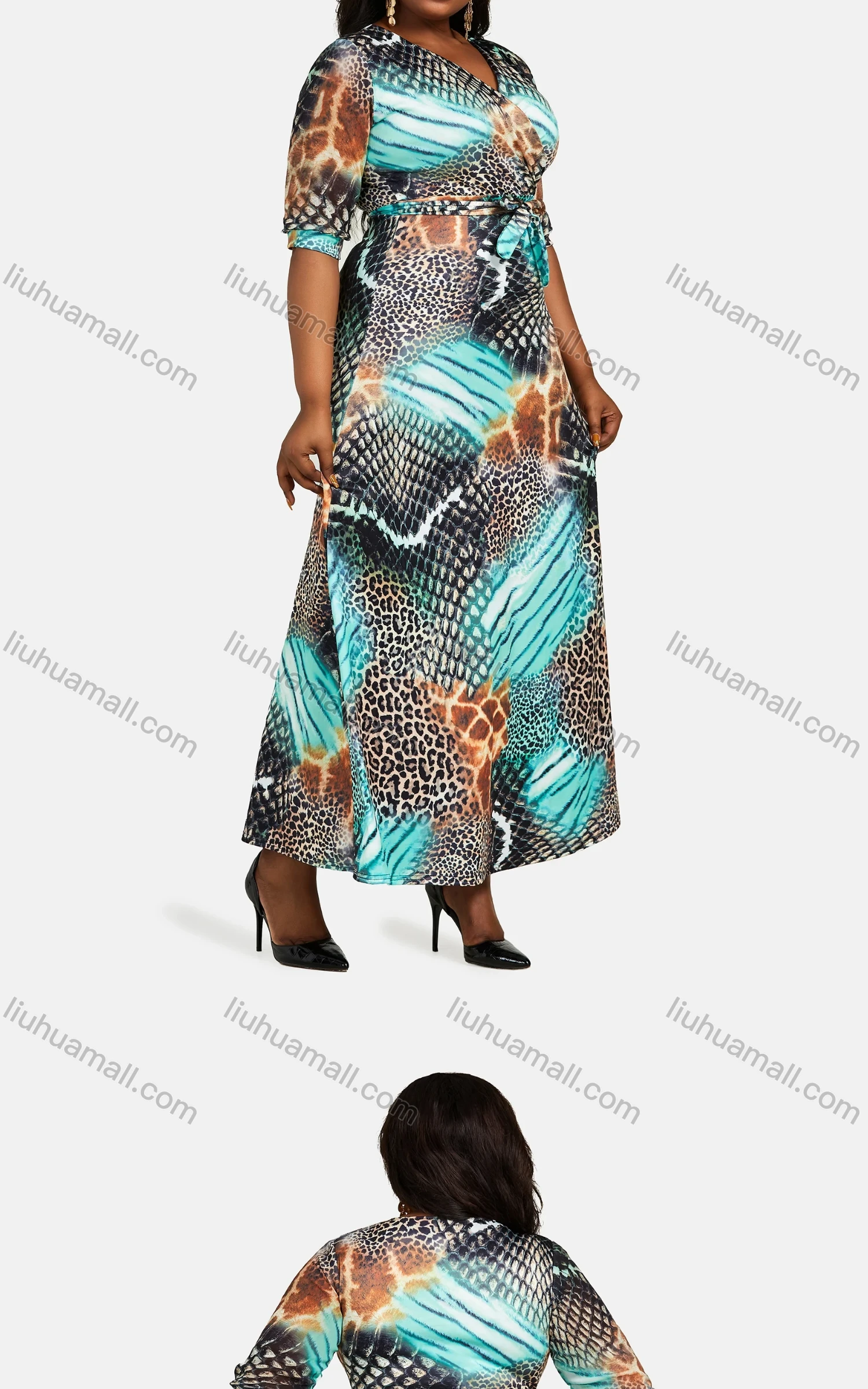 Wholesale Women's Casual Wrap V Neck Half Sleeve Allover Print Lace Up Maxi Dress - Liuhuamall