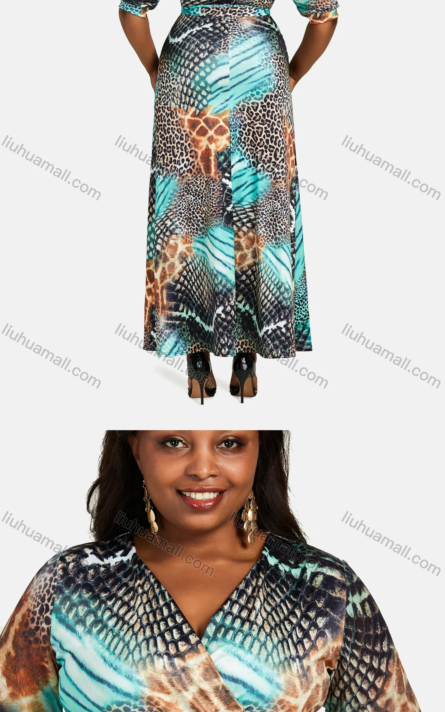 Wholesale Women's Casual Wrap V Neck Half Sleeve Allover Print Lace Up Maxi Dress - Liuhuamall