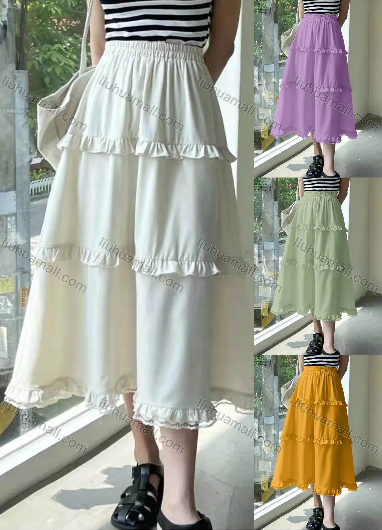 Wholesale Women's Casual Elastic Waist Layered Lace Ruffle Trim Midi Skirt AY255# - Liuhuamall
