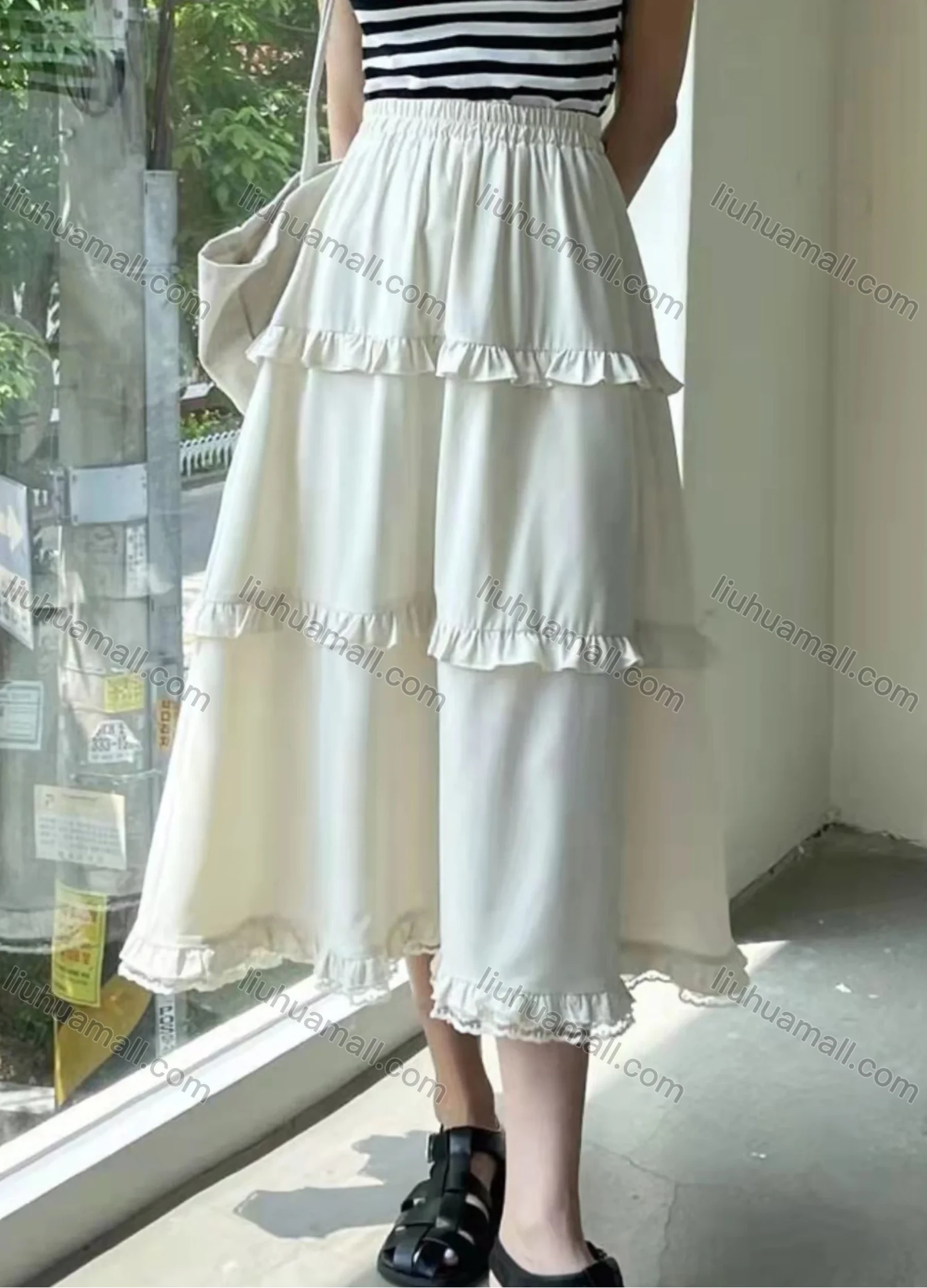 Wholesale Women's Casual Elastic Waist Layered Lace Ruffle Trim Midi Skirt AY255# - Liuhuamall