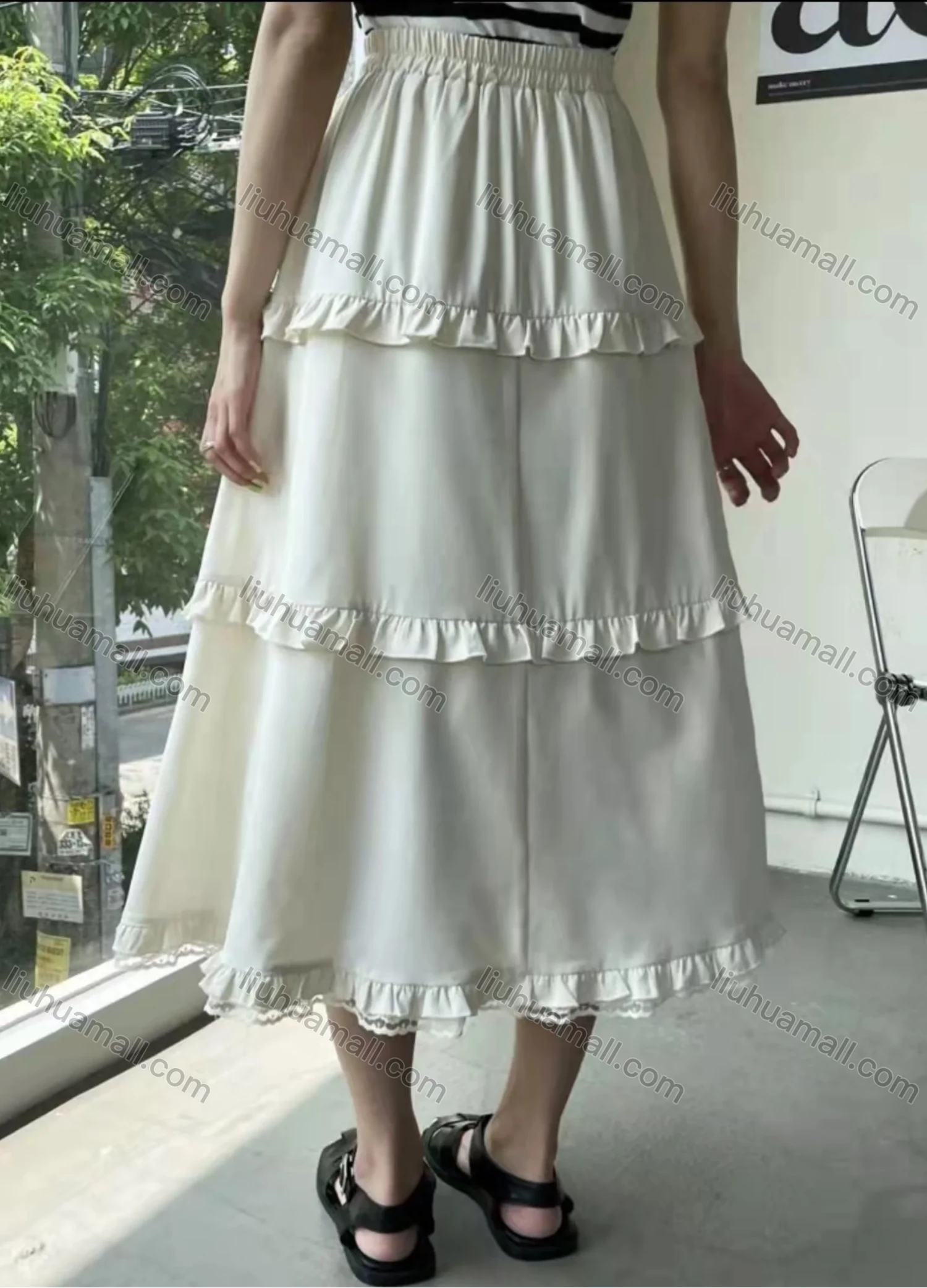 Wholesale Women's Casual Elastic Waist Layered Lace Ruffle Trim Midi Skirt AY255# - Liuhuamall