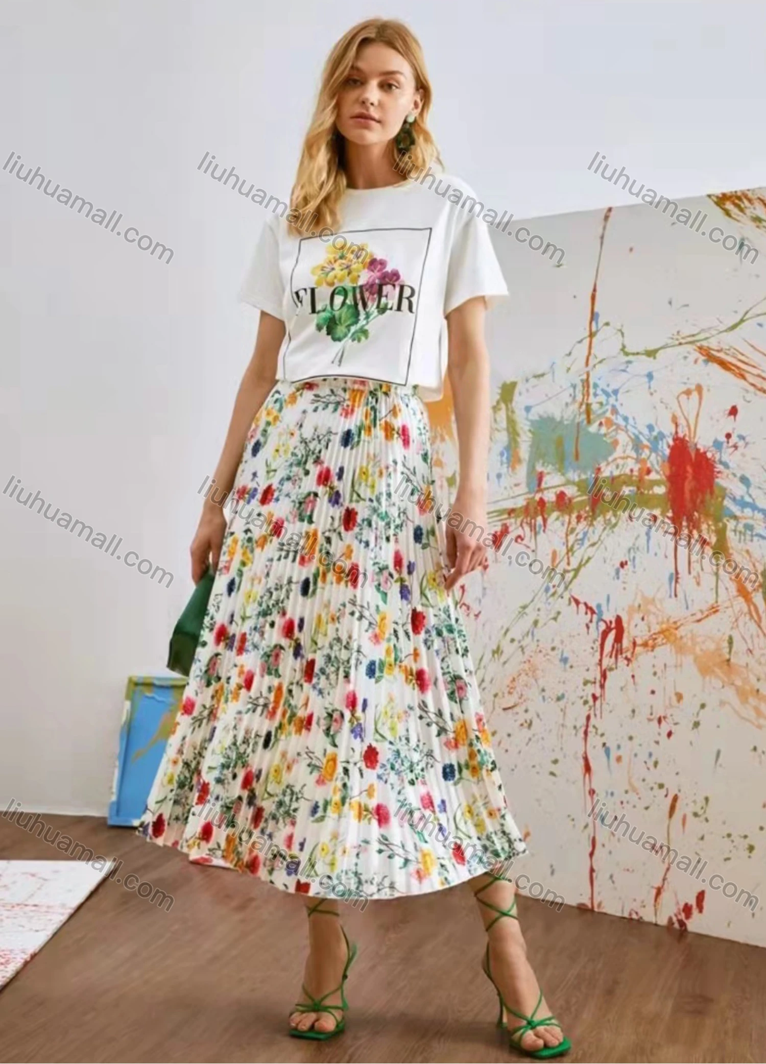 Wholesale Women's Casual Elastic Waist Floral Midi Pleated Skirt AY256# - Liuhuamall