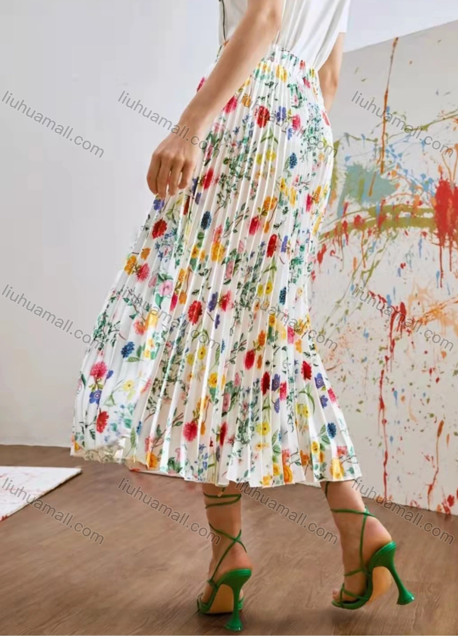 Wholesale Women's Casual Elastic Waist Floral Midi Pleated Skirt AY256# - Liuhuamall