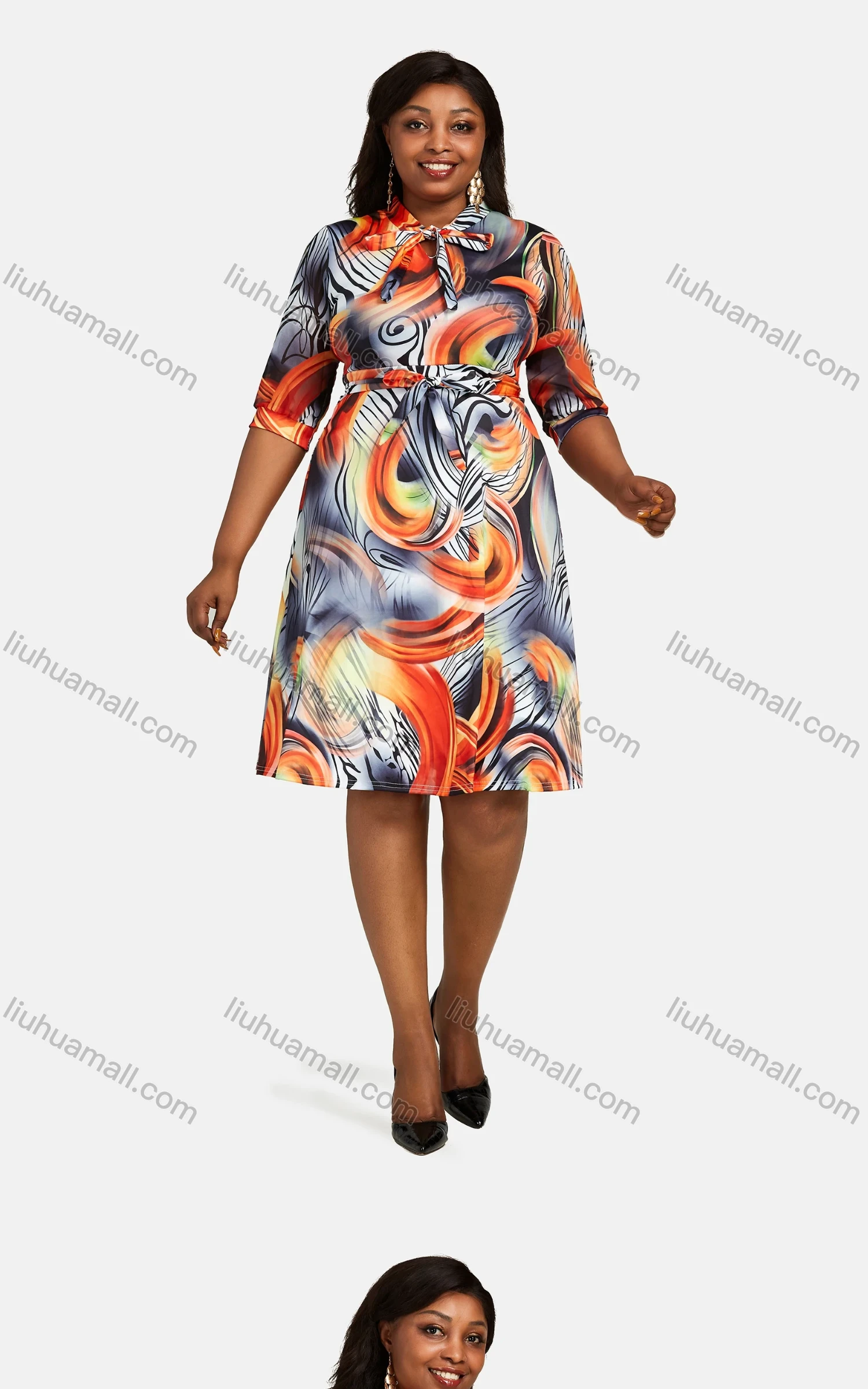 Wholesale Women's Casual Tie Neck Half Sleeve High Waist Lace Up Abstract Print Dress - Liuhuamall