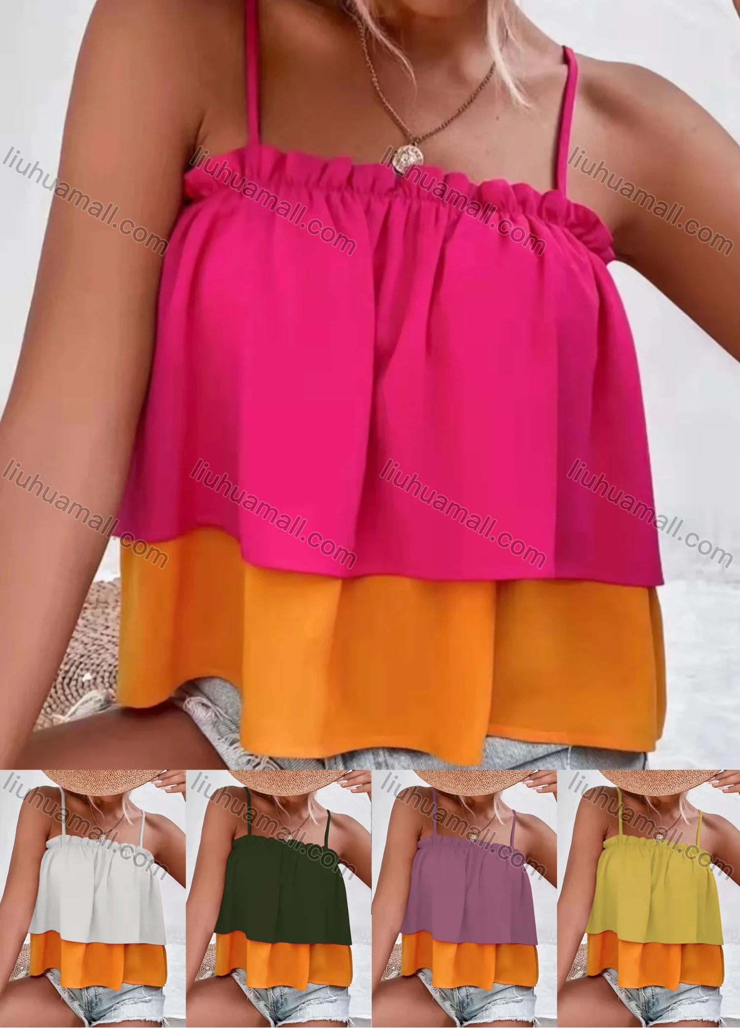 Wholesale Women's Spaghetti Strap Ruffle Trim Layered Sttiching Color Crop Cami Top AY258# - Liuhuamall