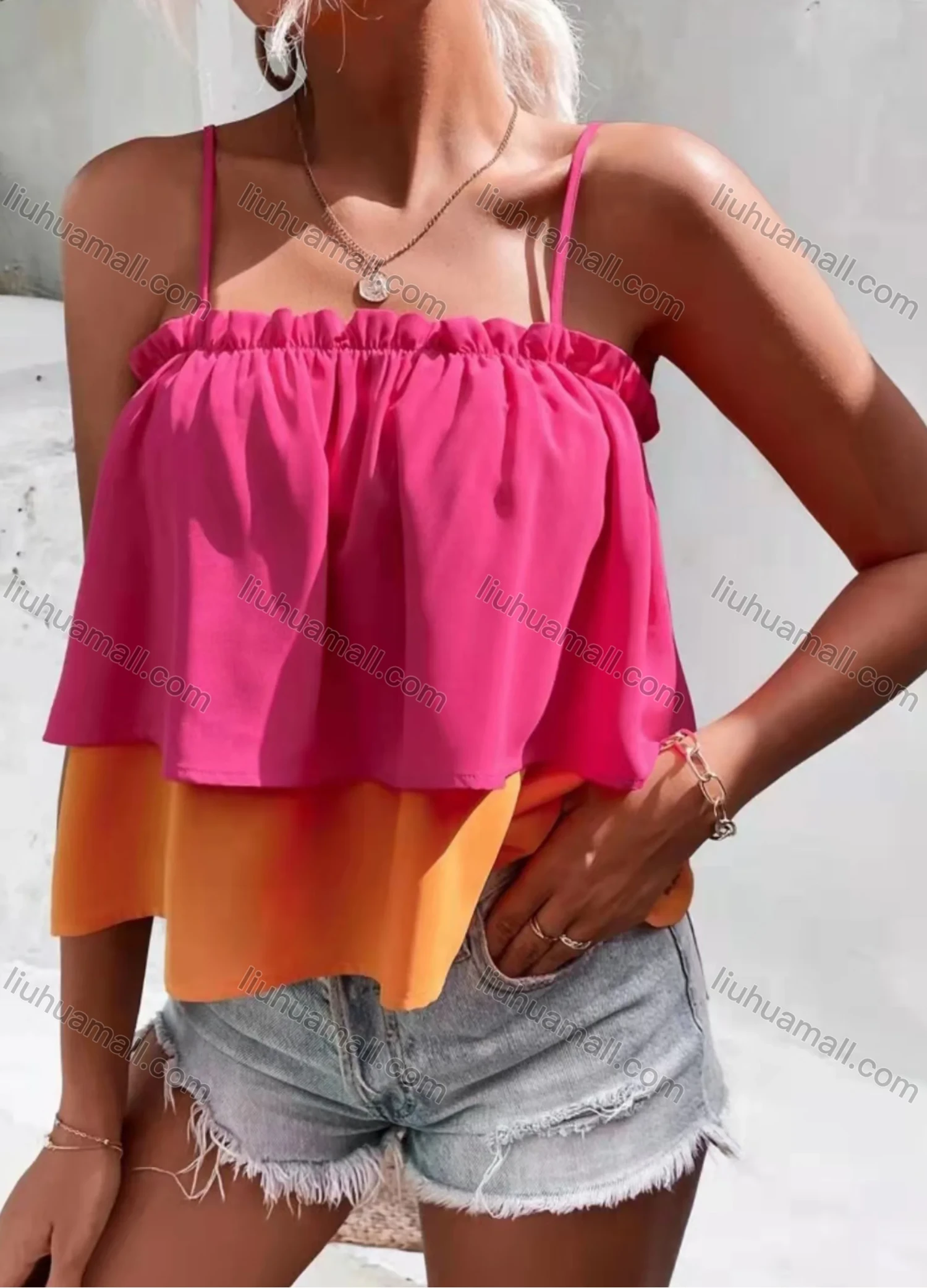 Wholesale Women's Spaghetti Strap Ruffle Trim Layered Sttiching Color Crop Cami Top AY258# - Liuhuamall