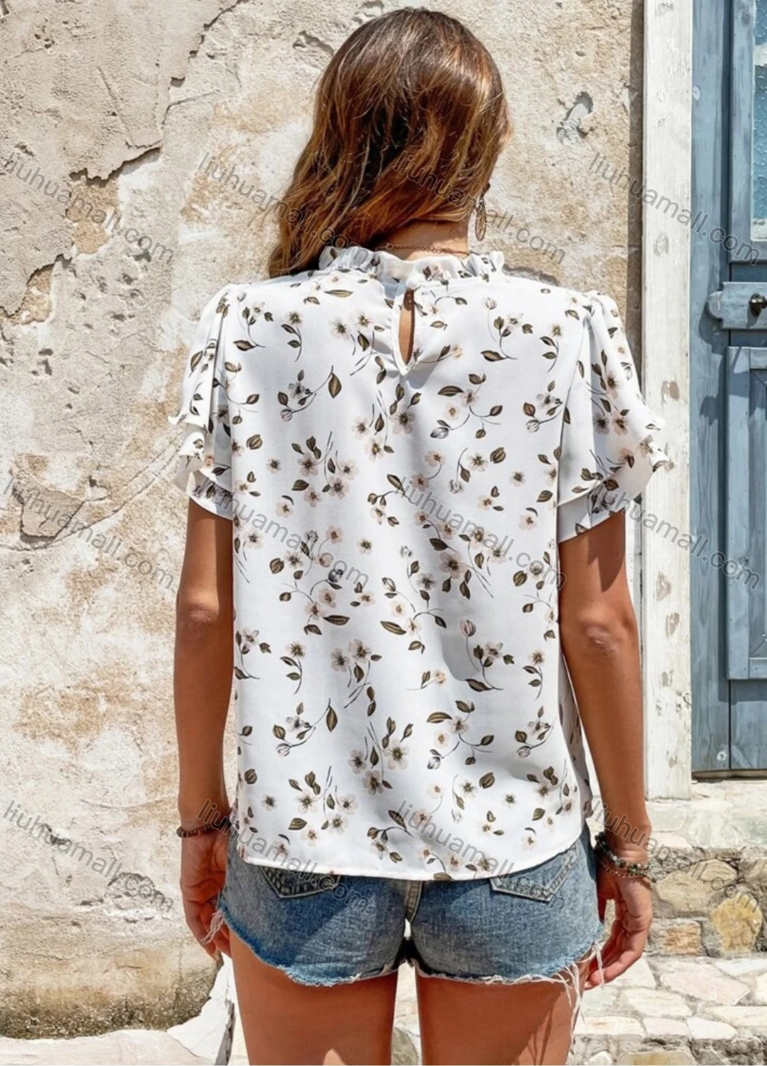 Wholesale Women's Ruffle Neck Layered Sleeve Ruffle Trim Plants Print Blouse AY259# - Liuhuamall