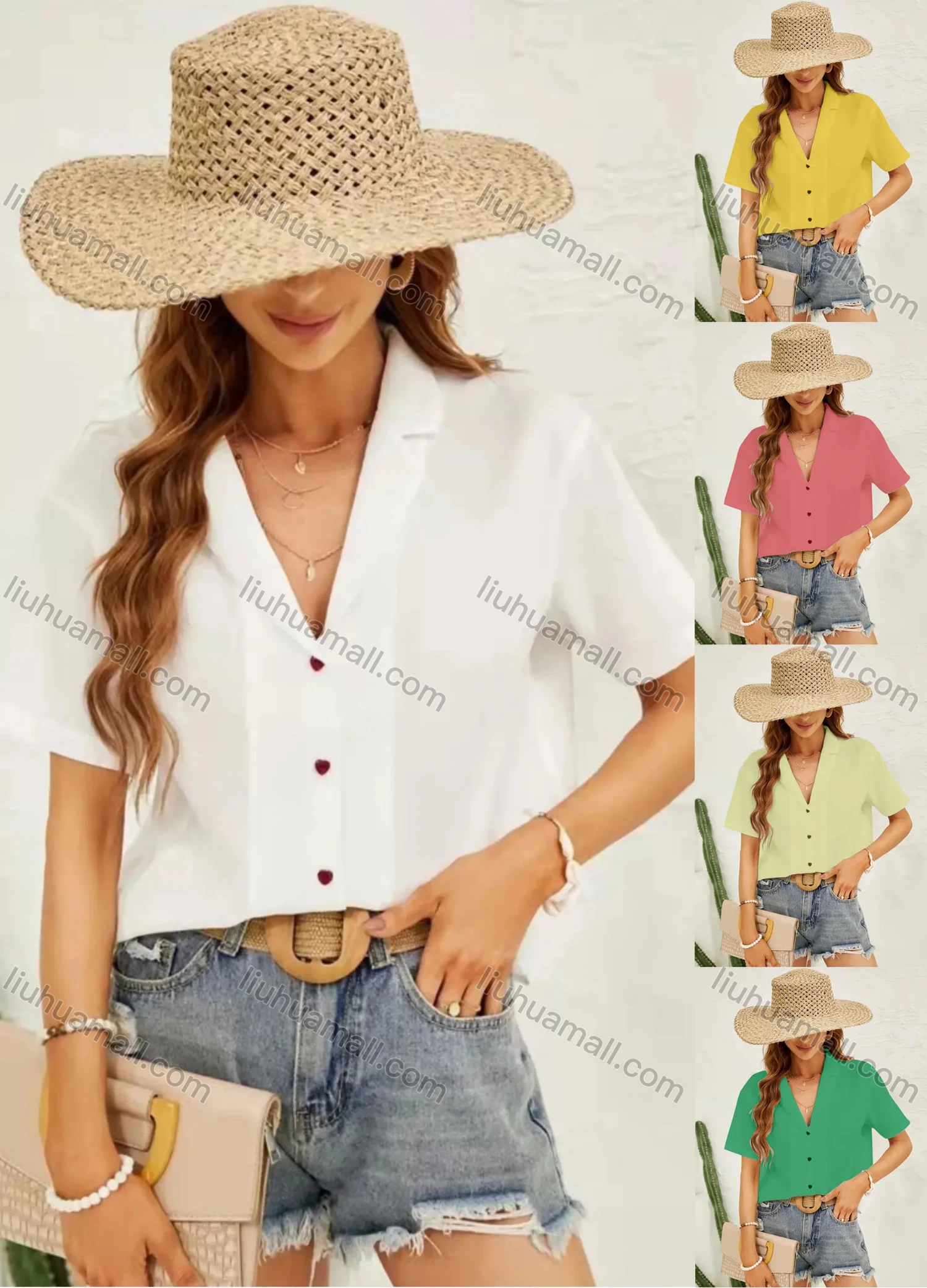 Wholesale Women's Lapel Deep V Neckk Short Sleeve Button Down Plain Blouse AY260# - Liuhuamall