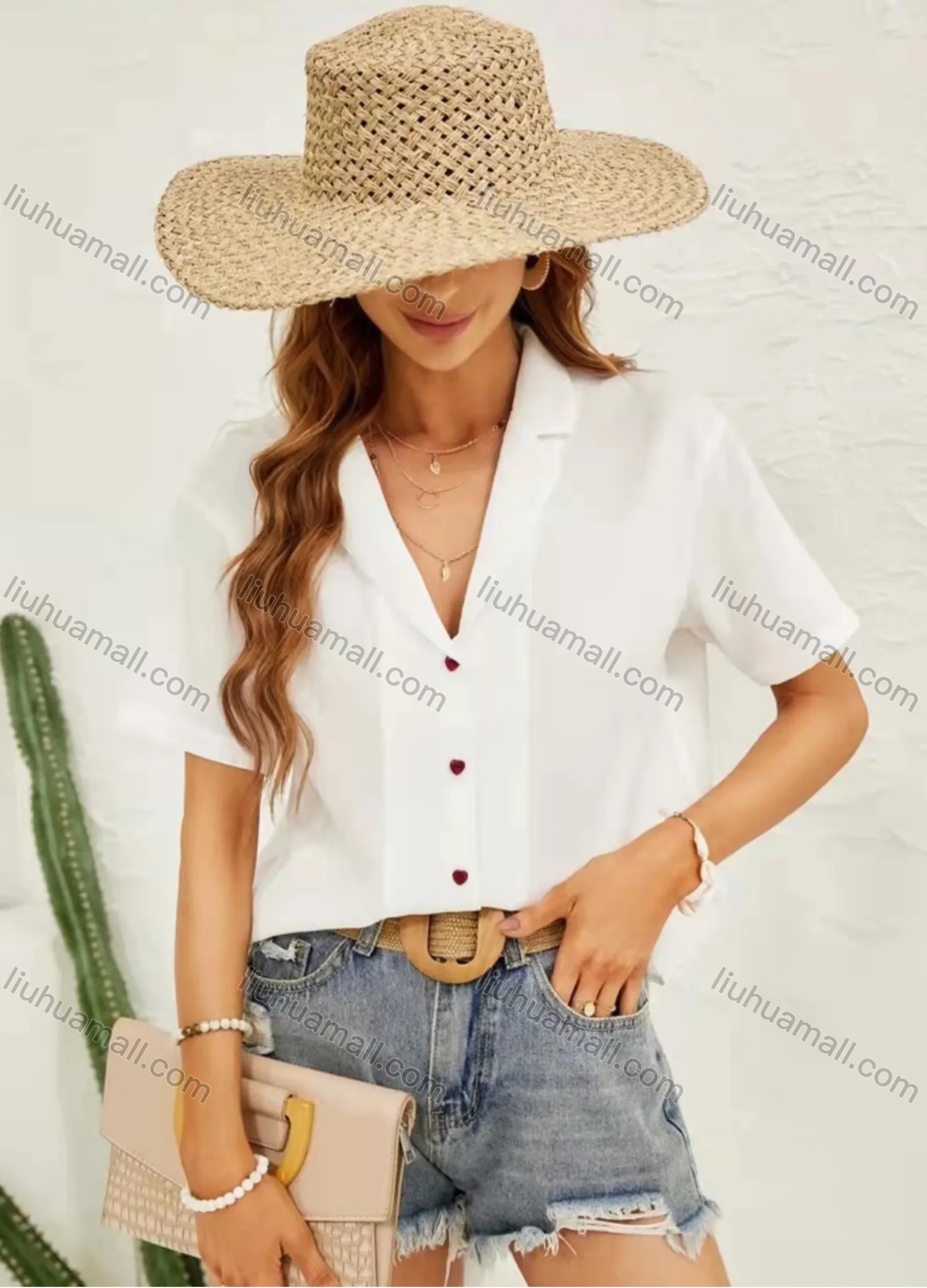 Wholesale Women's Lapel Deep V Neckk Short Sleeve Button Down Plain Blouse AY260# - Liuhuamall