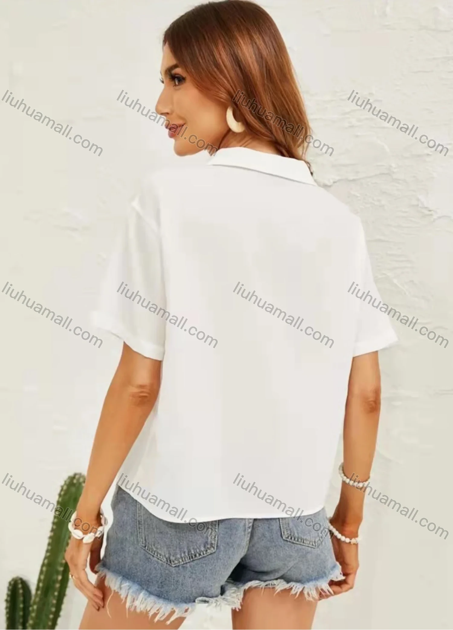 Wholesale Women's Lapel Deep V Neckk Short Sleeve Button Down Plain Blouse AY260# - Liuhuamall