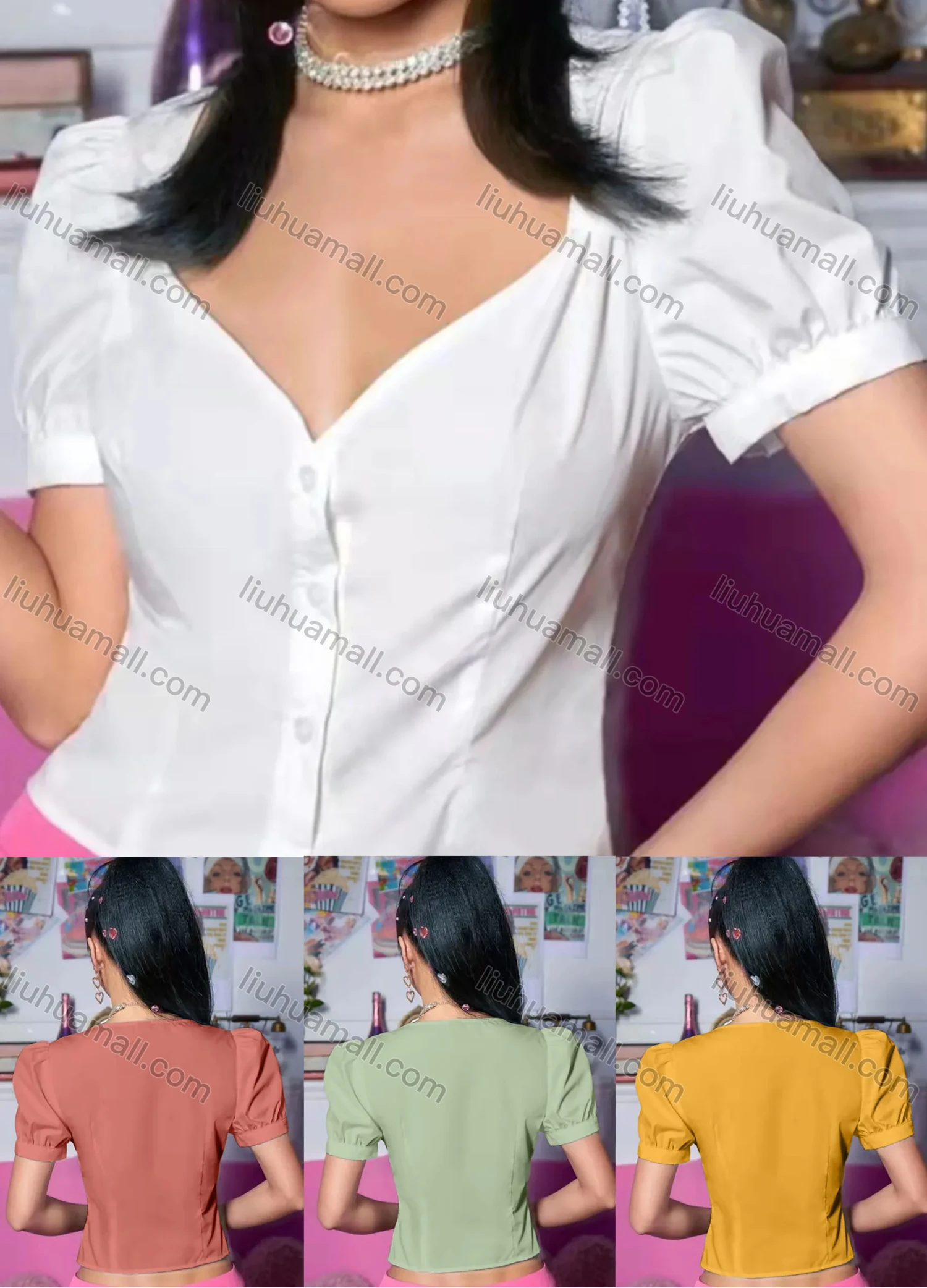 Wholesale Women's Double V Neck Puff Sleeve Button Down Plain Blouse AY261# - Liuhuamall